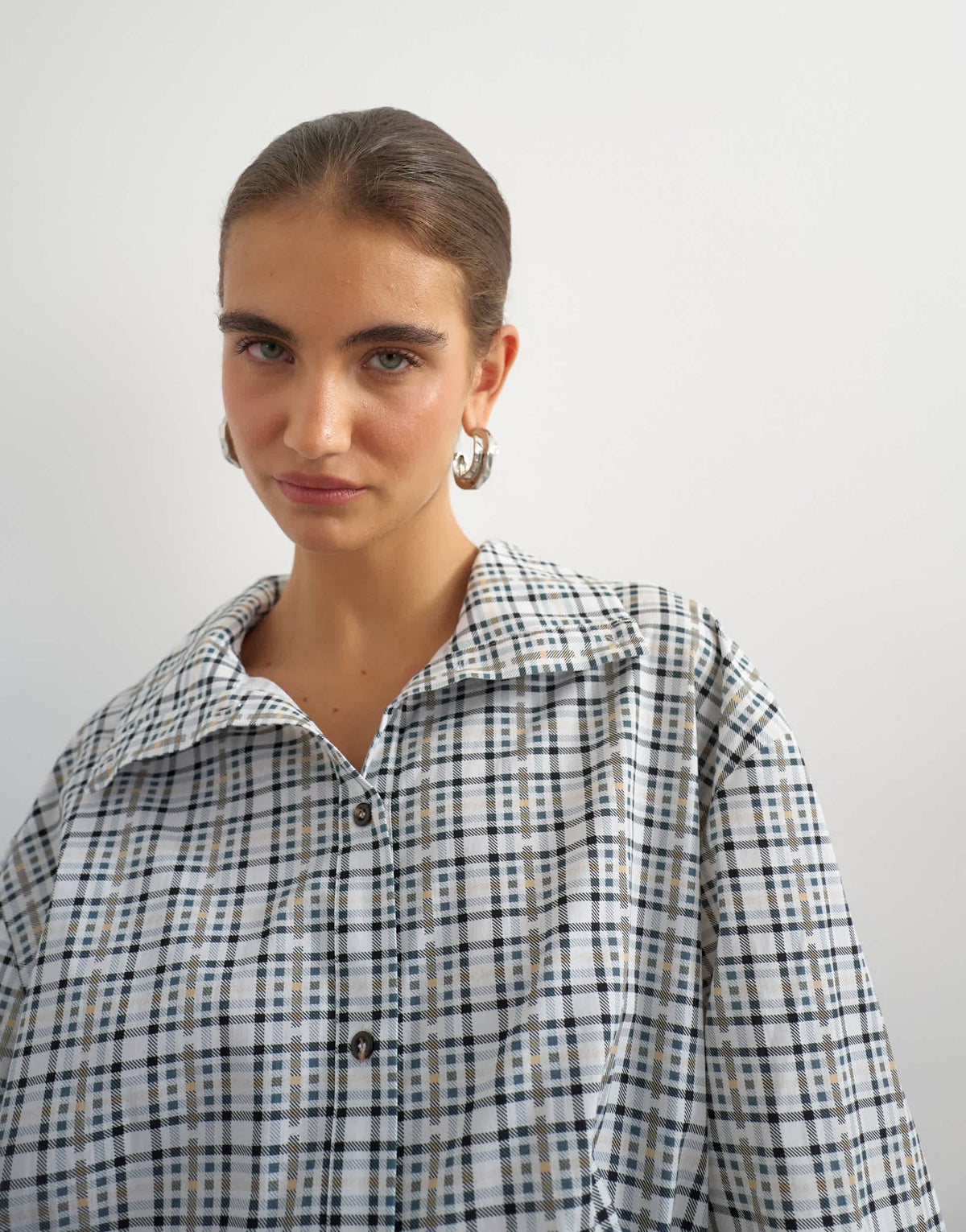 Topshop funnel neck shirt in check print