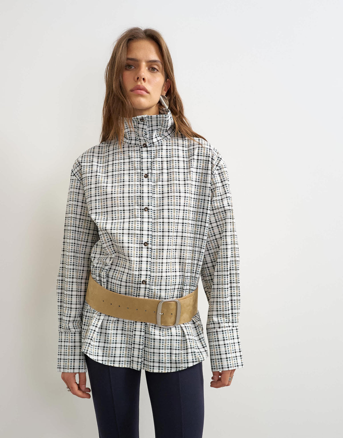 Topshop funnel neck shirt in check print