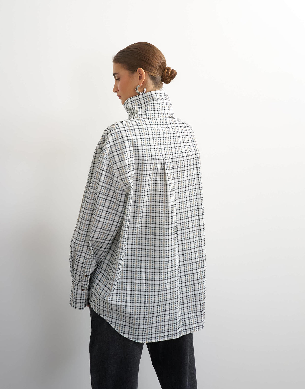 Topshop funnel neck shirt in check print