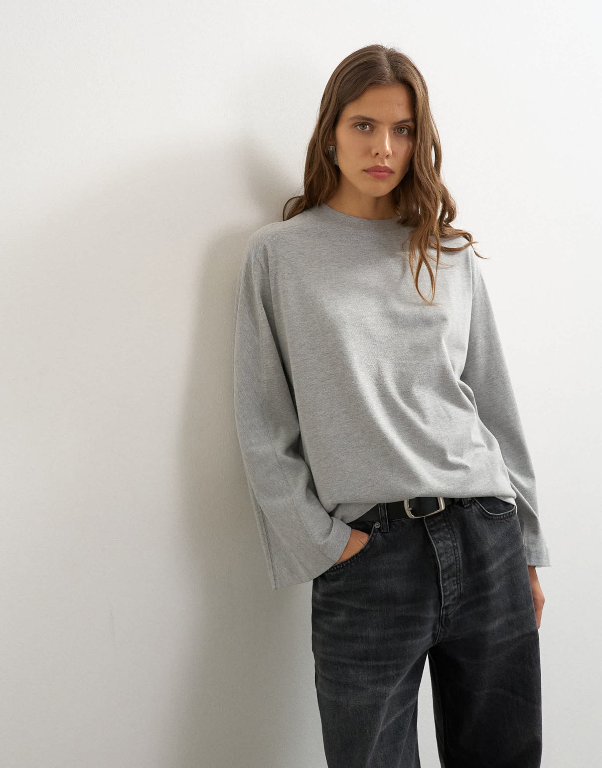 Topshop seamed detail long sleeve skater top in grey marl
