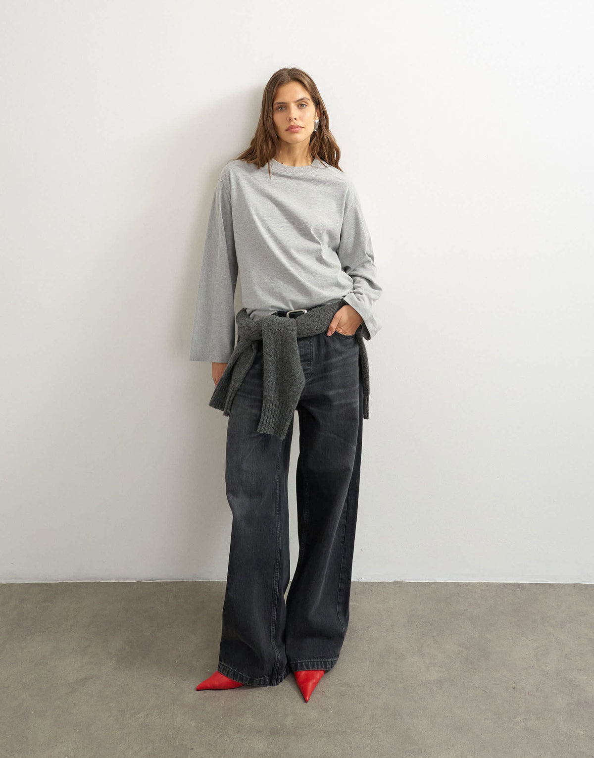 Topshop seamed detail long sleeve skater top in grey marl