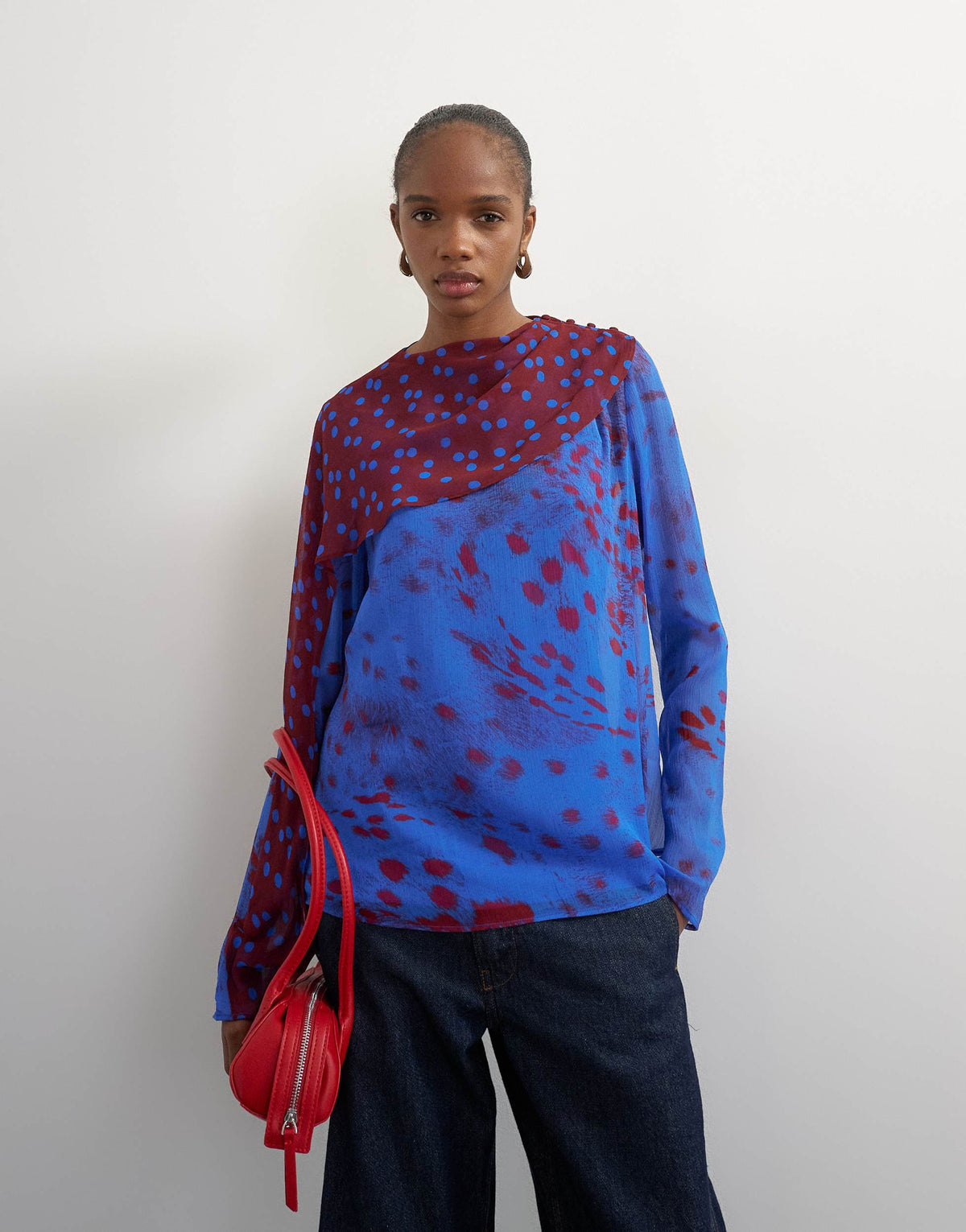 Topshop chiffon overlay detail blouse in blue mixed print