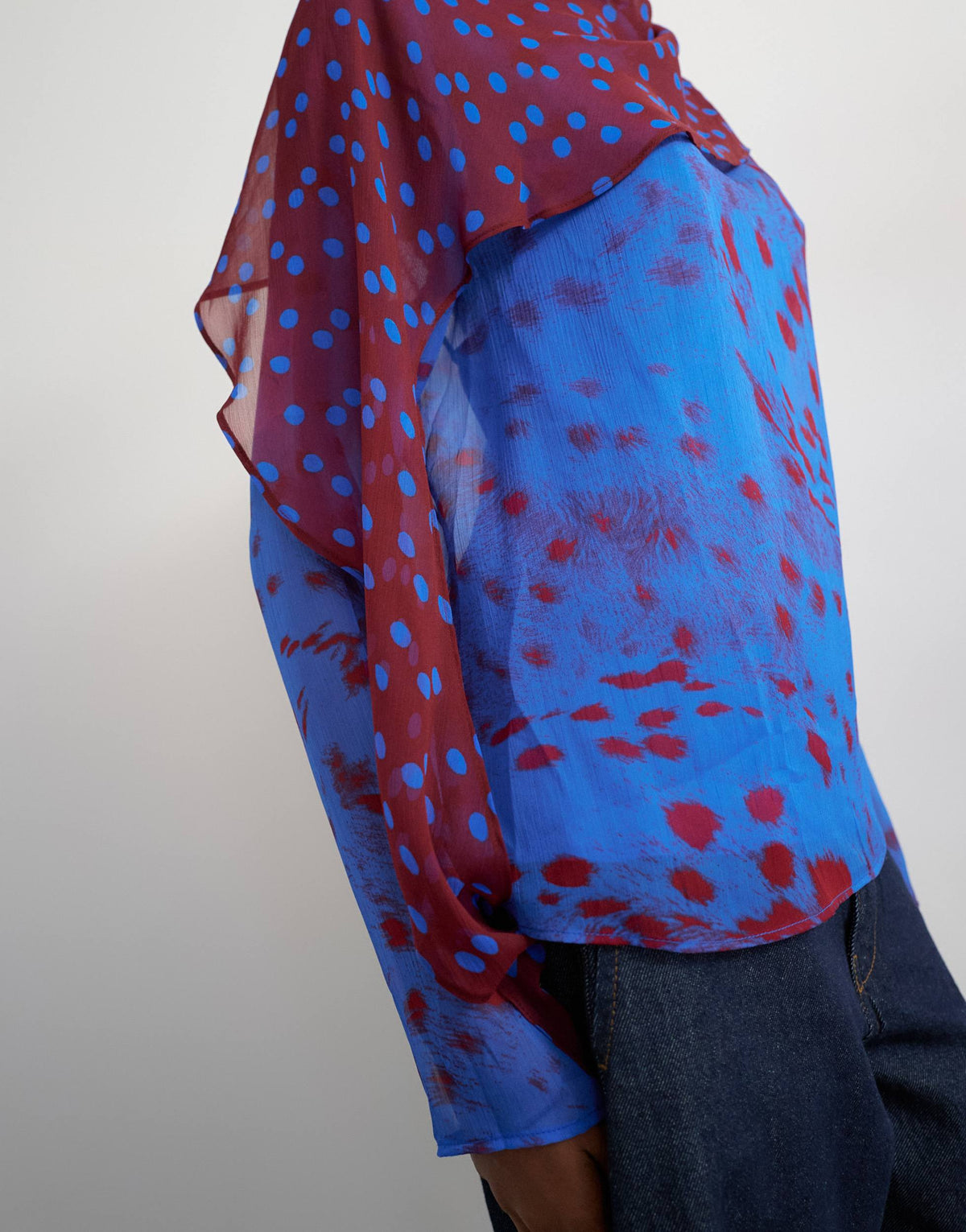Topshop chiffon overlay detail blouse in blue mixed print