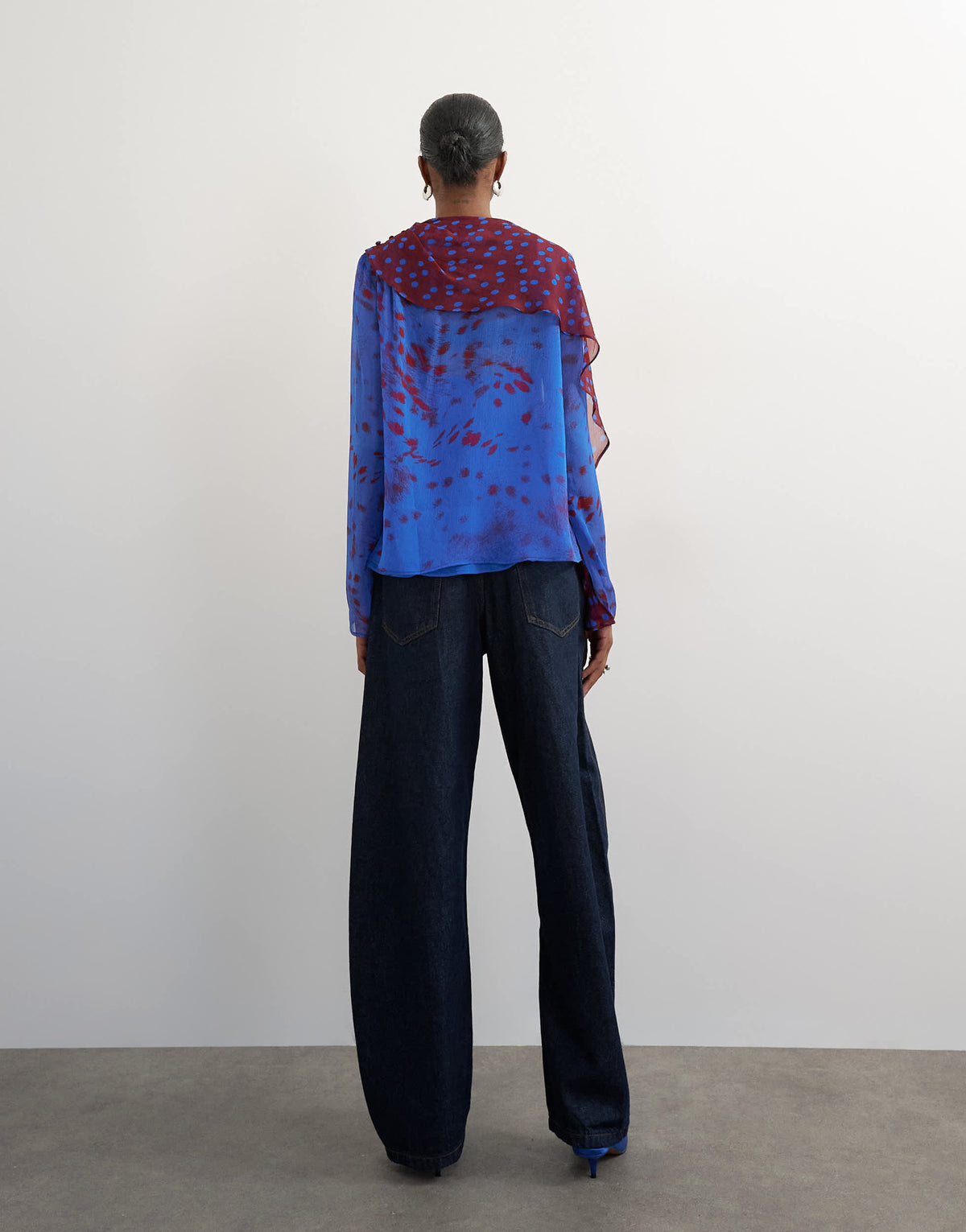 Topshop chiffon overlay detail blouse in blue mixed print