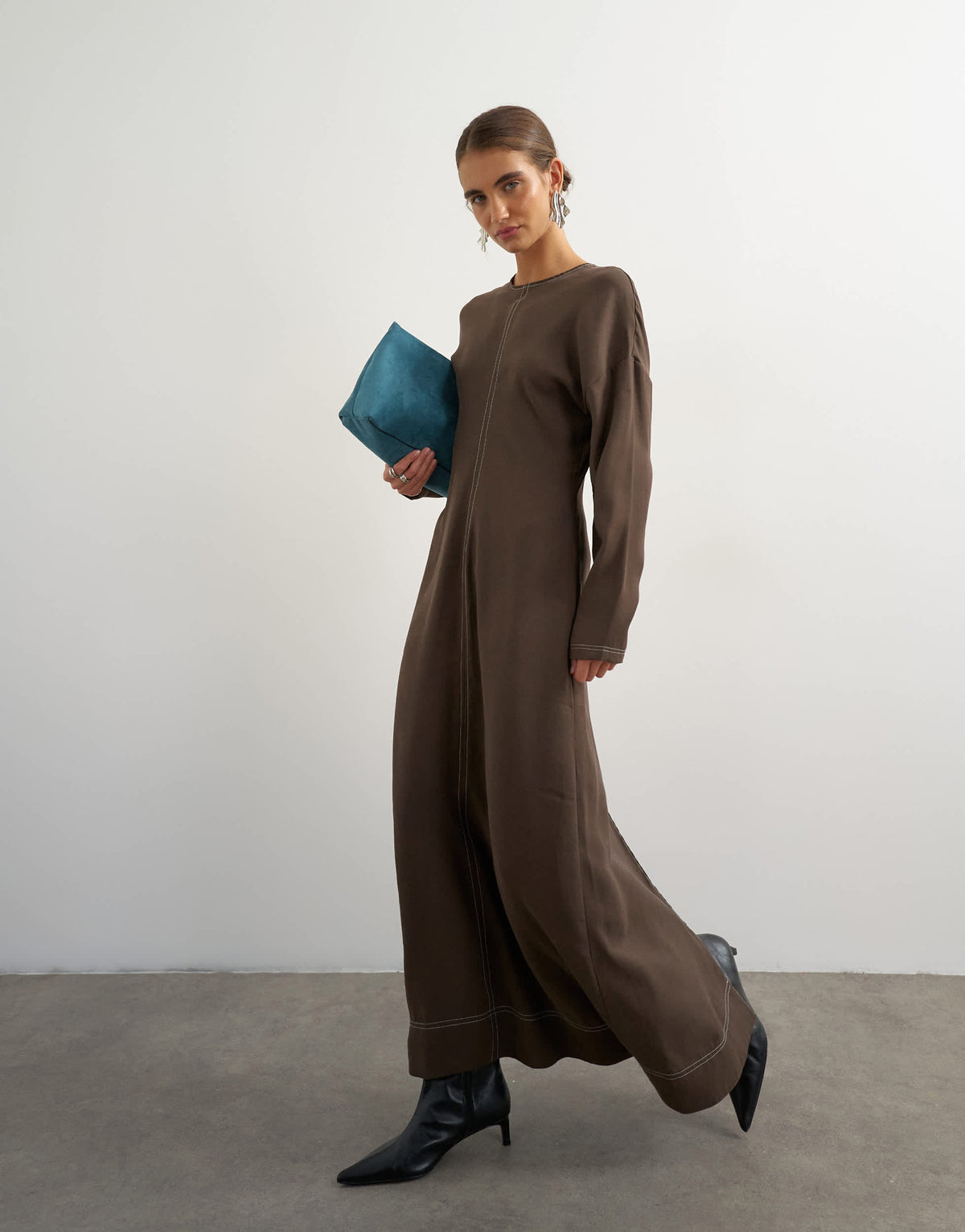 Topshop soft touch drop armhole maxi dress in chocolate with ecru contrast topstitching