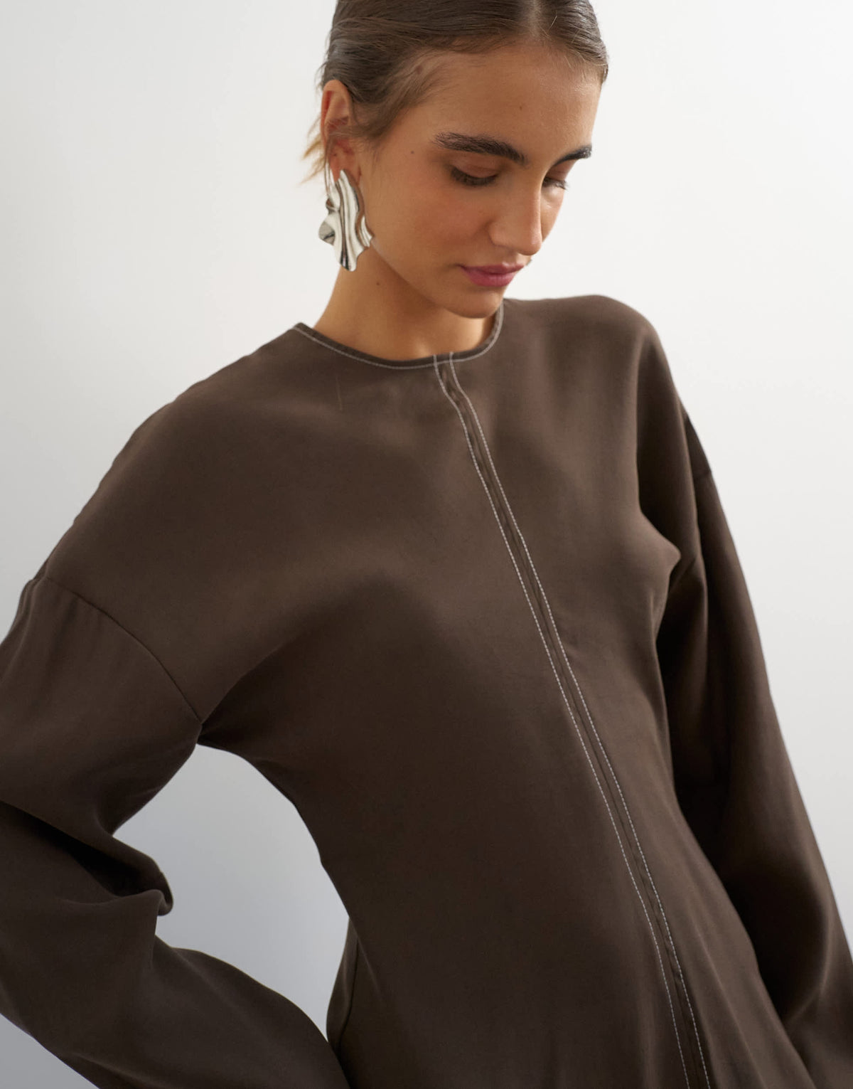 Topshop soft touch drop armhole maxi dress in chocolate with ecru contrast topstitching