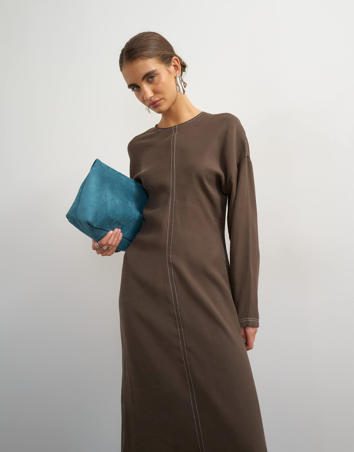 Topshop soft touch drop armhole maxi dress in chocolate with ecru contrast topstitching