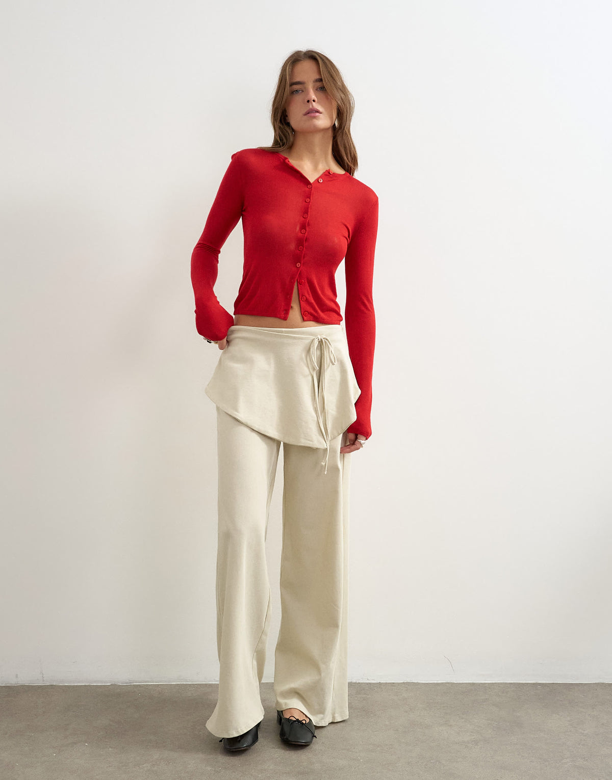 Topshop fold over tie detail wide leg trouser in stone