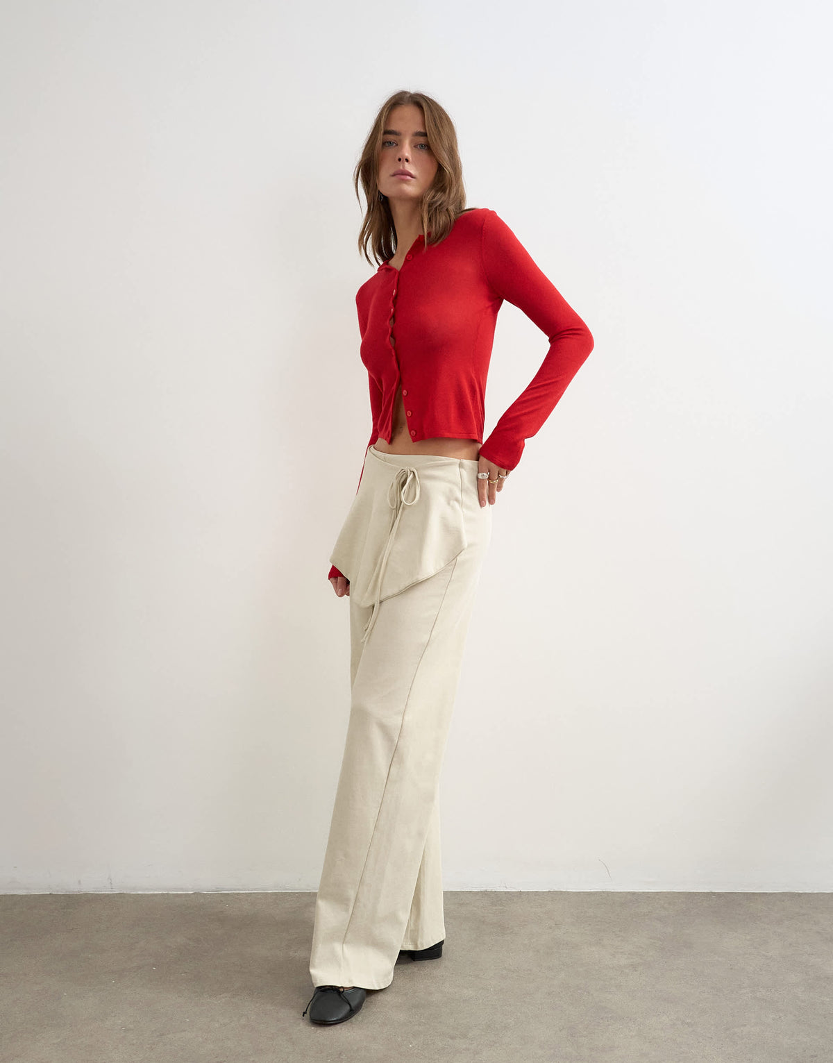 Topshop fold over tie detail wide leg trouser in stone