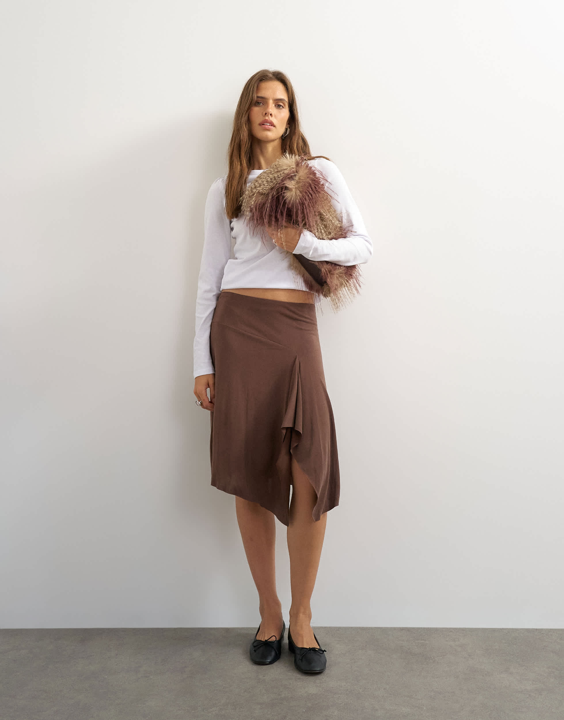 Topshop asymmetric cupro soft midi skirt in chocolate