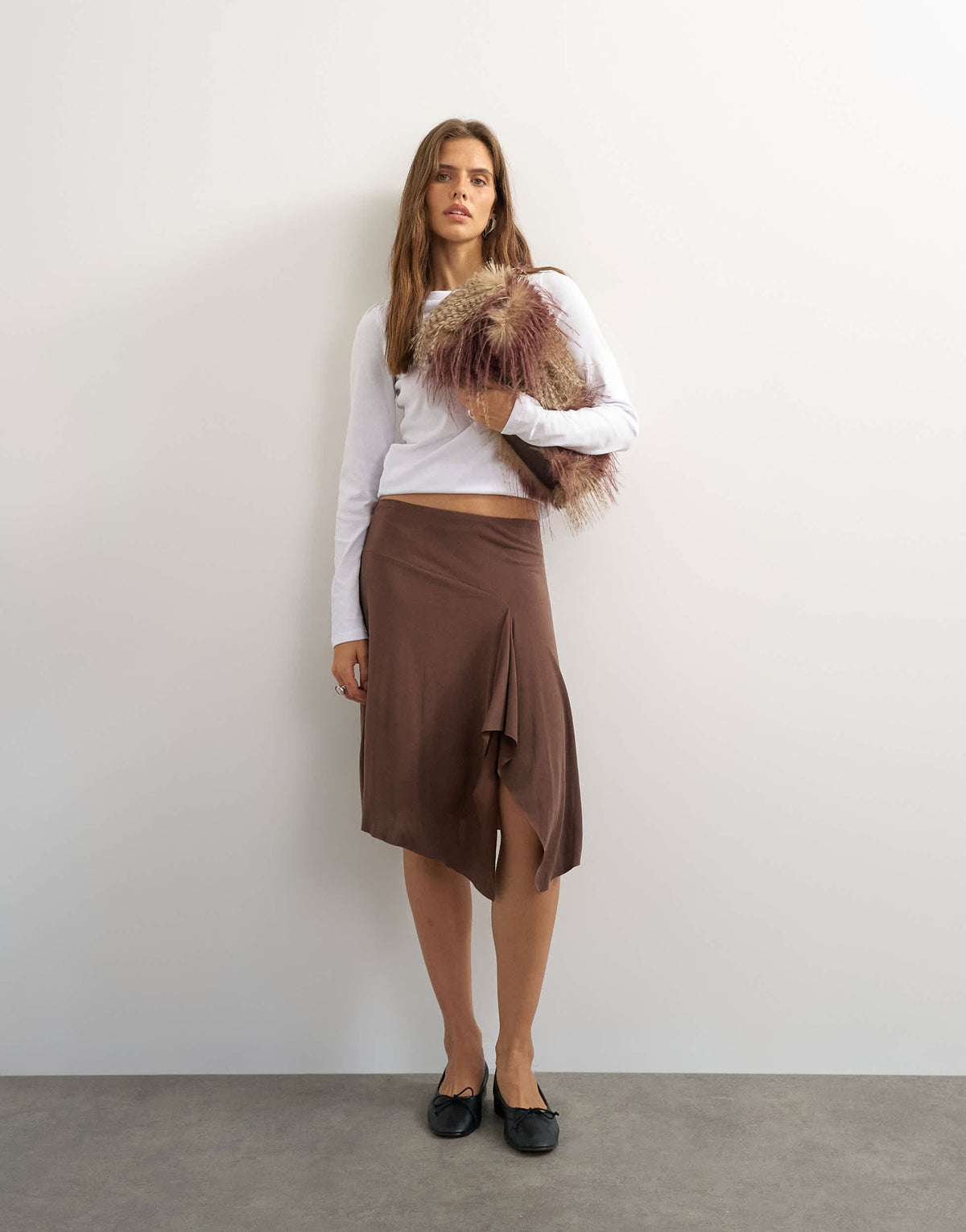 Topshop asymmetric cupro soft midi skirt in chocolate