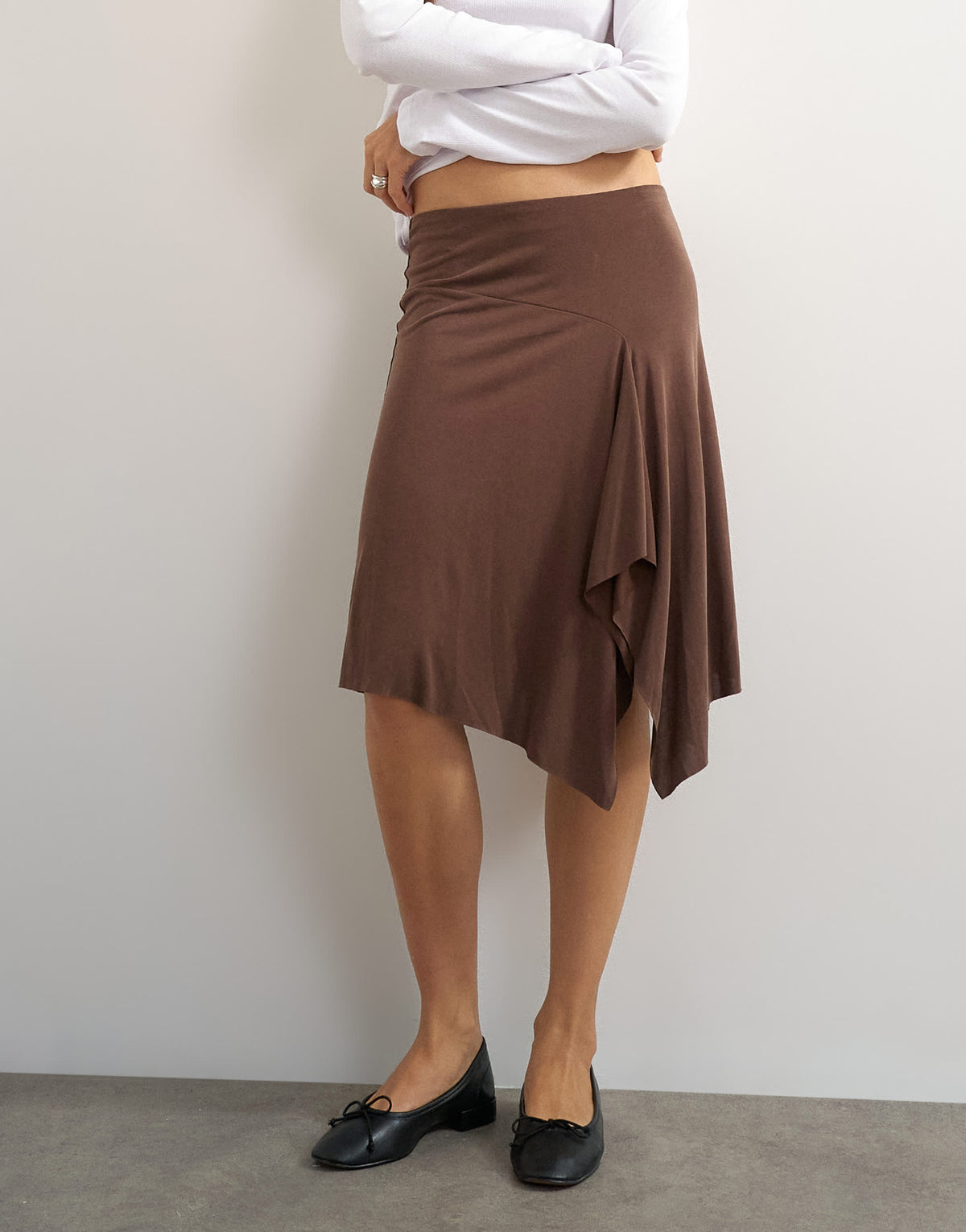 Topshop asymmetric cupro soft midi skirt in chocolate