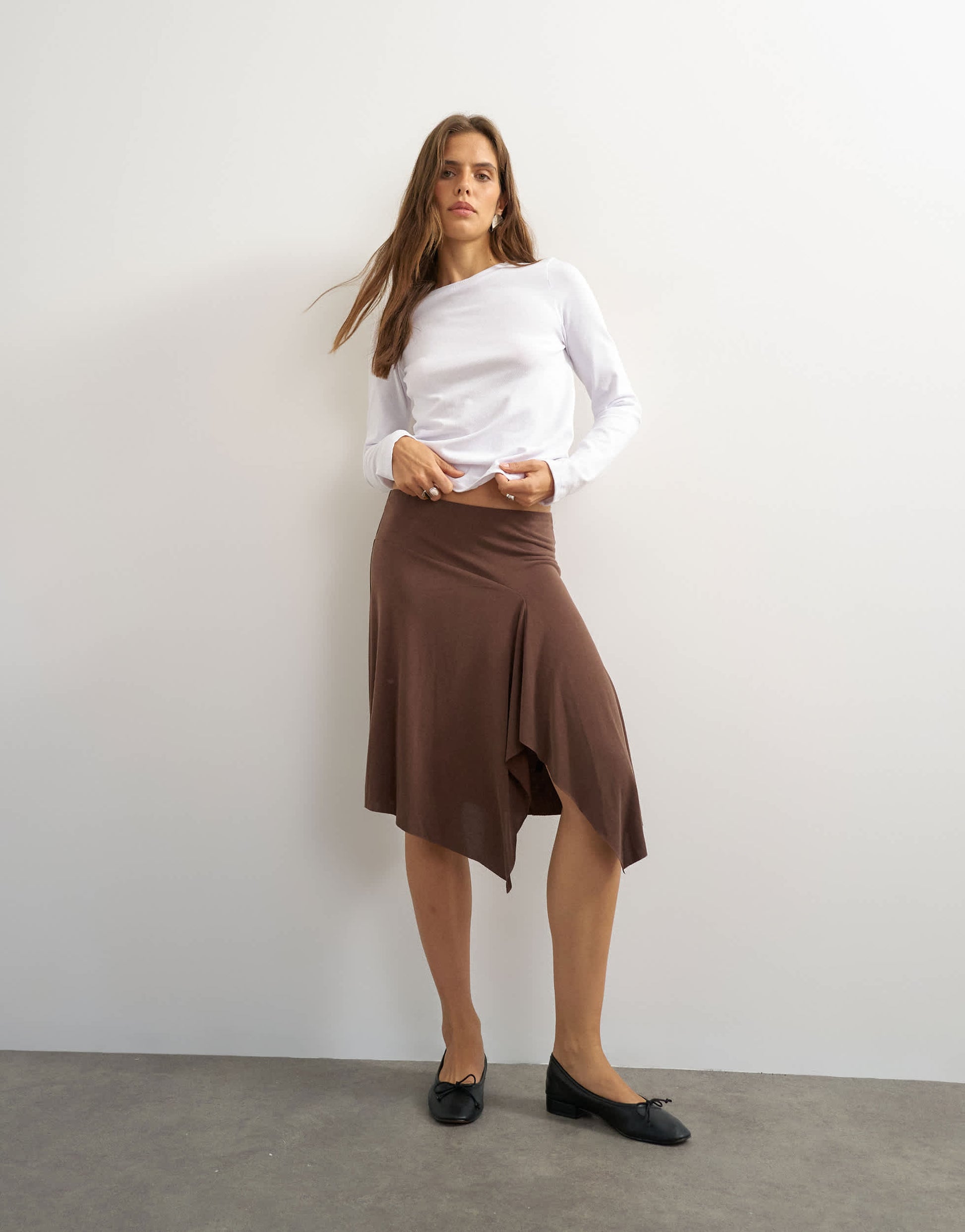Topshop asymmetric cupro soft midi skirt in chocolate