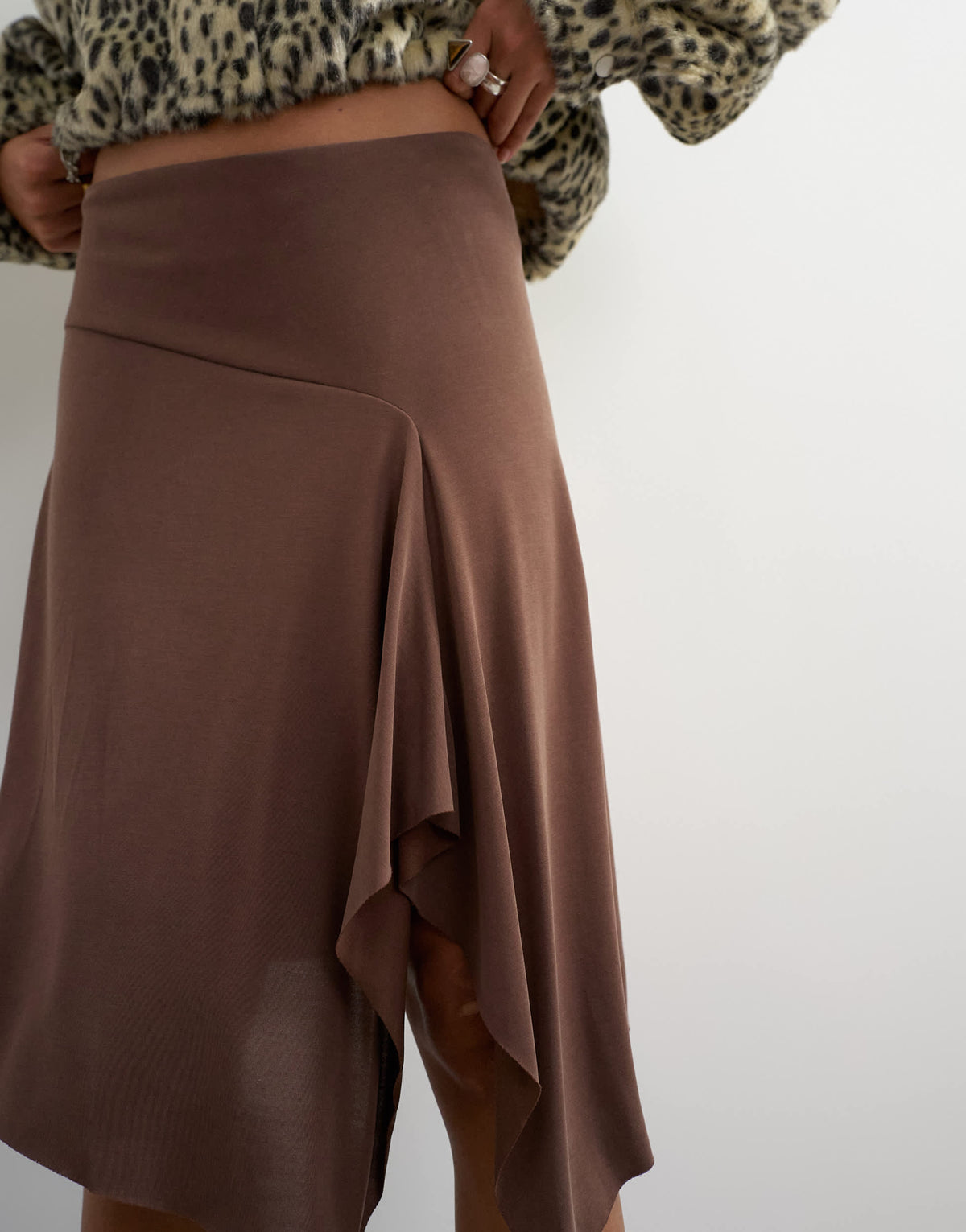 Topshop asymmetric cupro soft midi skirt in chocolate