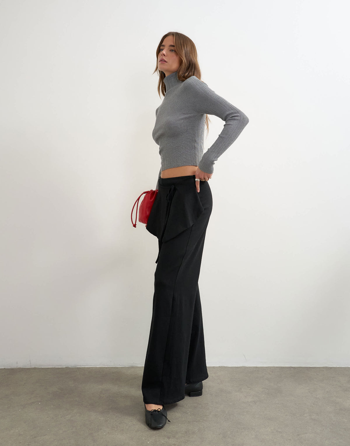 Topshop fold over tie detail wide leg trouser in black
