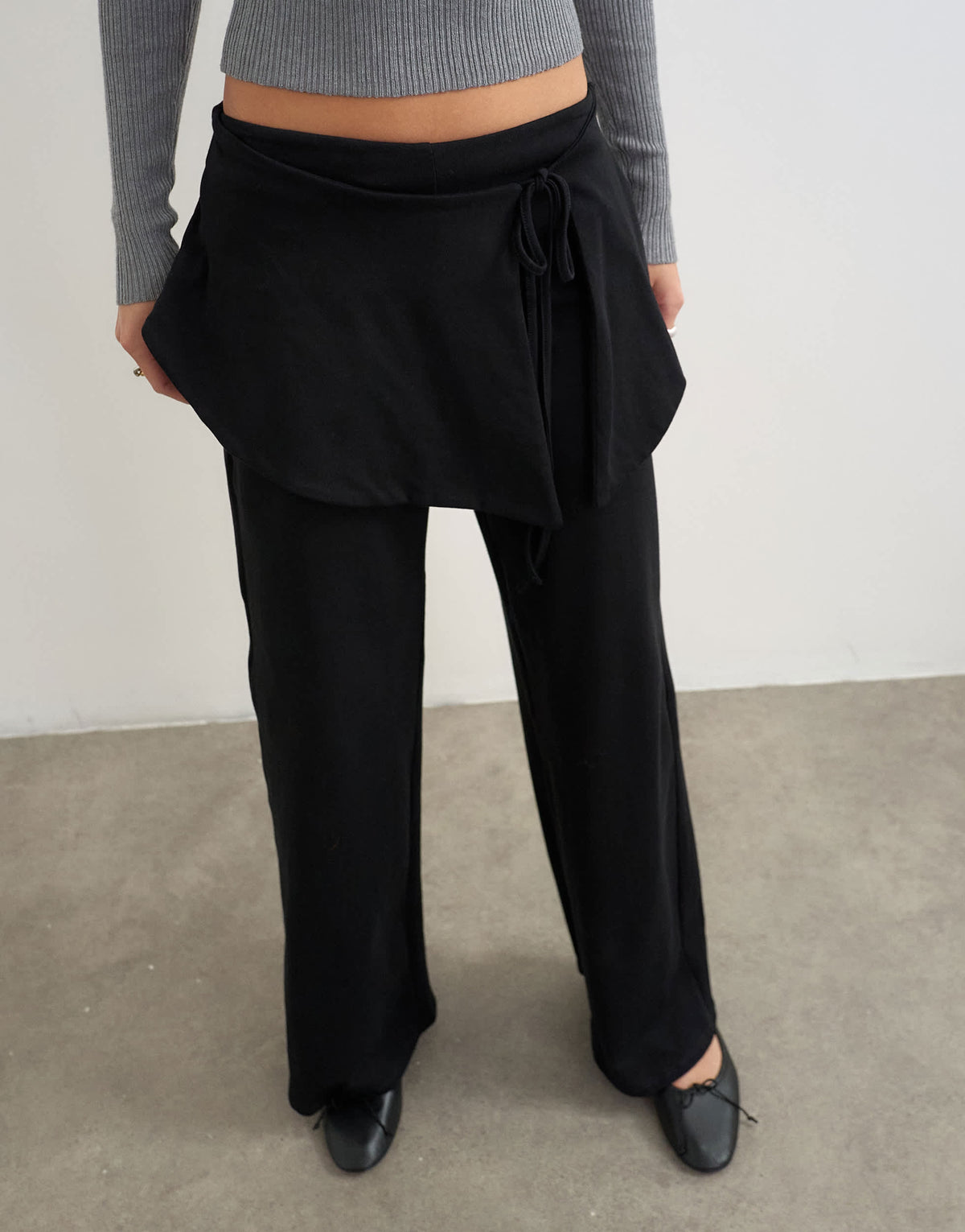 Topshop fold over tie detail wide leg trouser in black