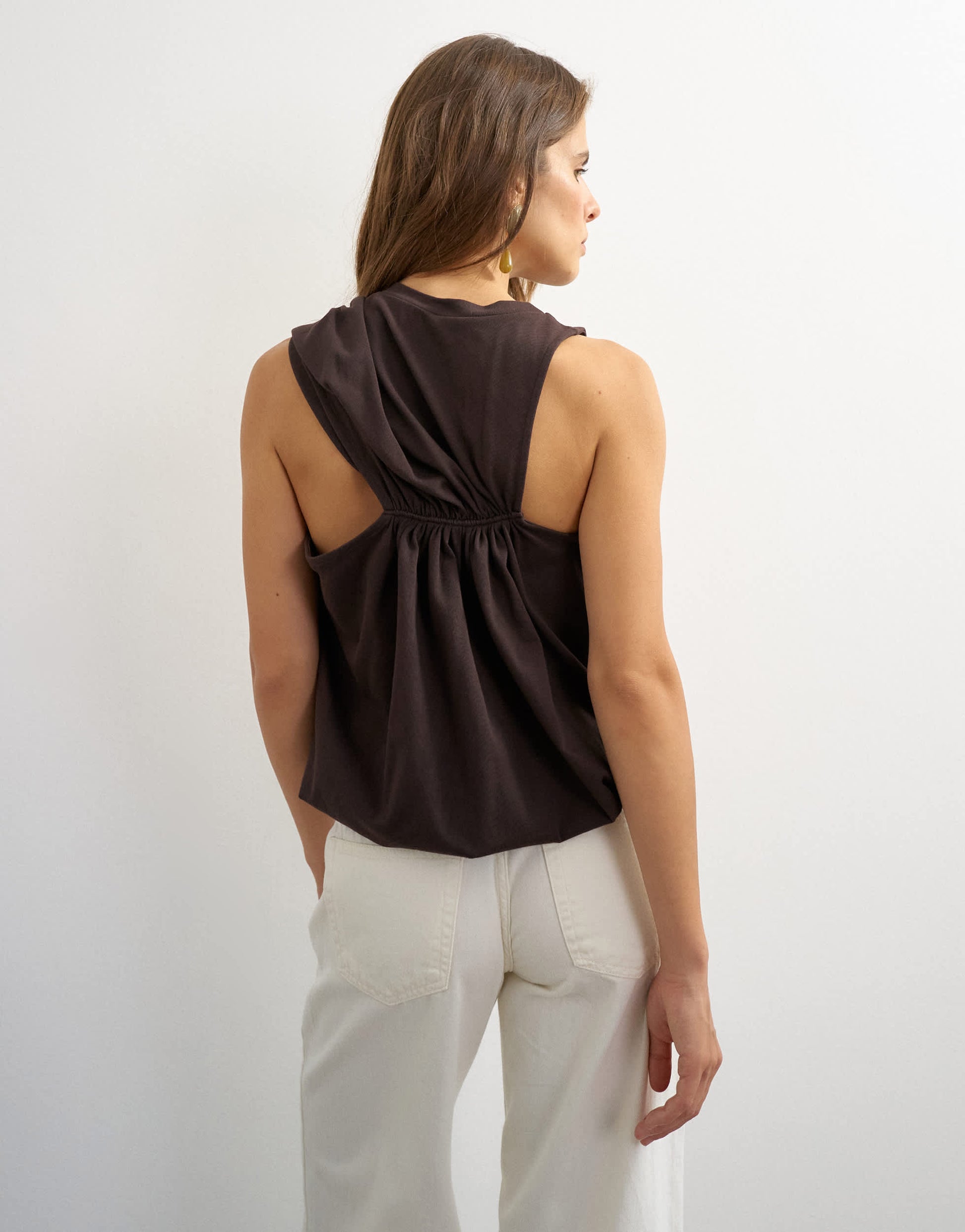 Topshop asymmetric ruched back tee in chocolate