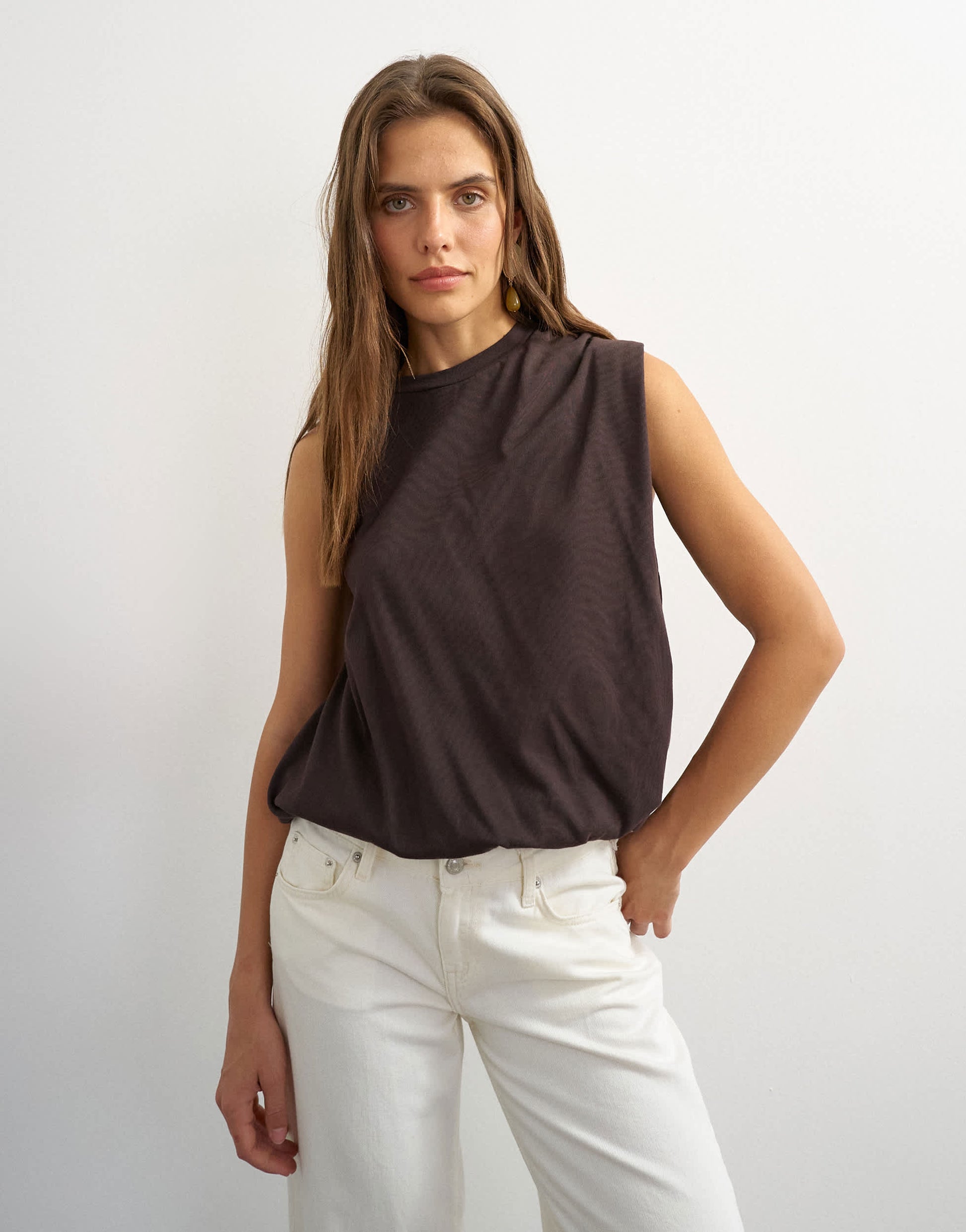 Topshop asymmetric ruched back tee in chocolate