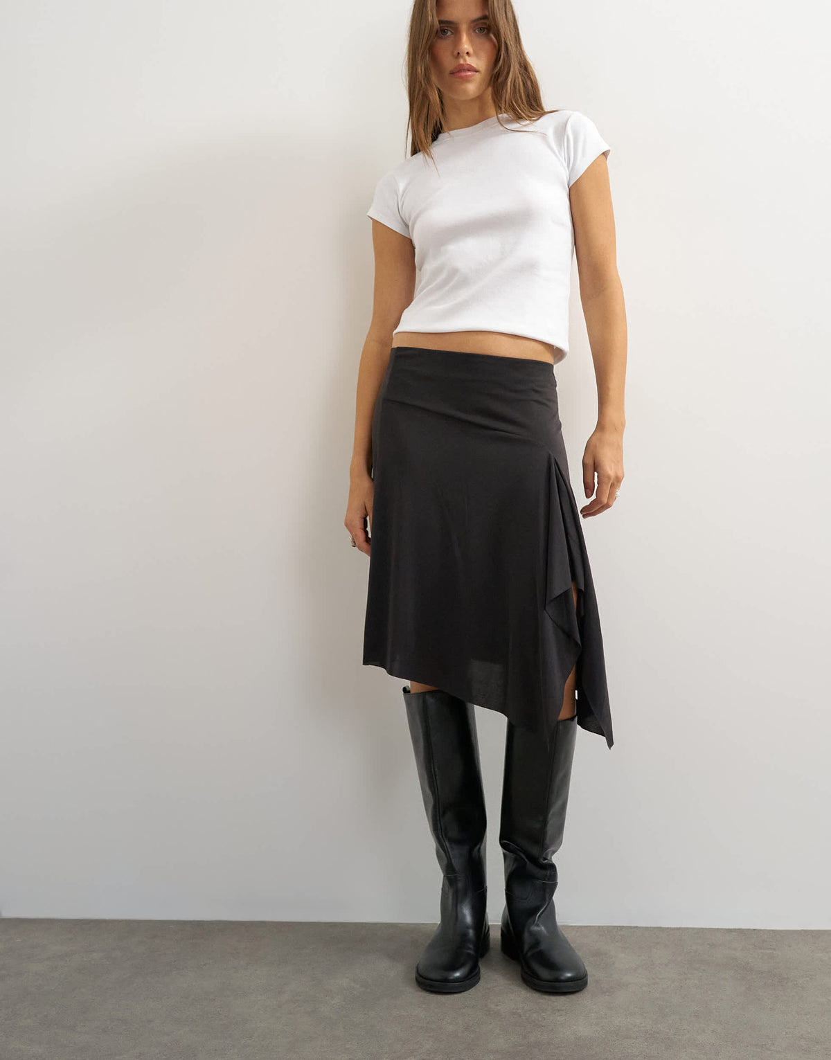 Topshop asymmetric cupro soft midi skirt in black