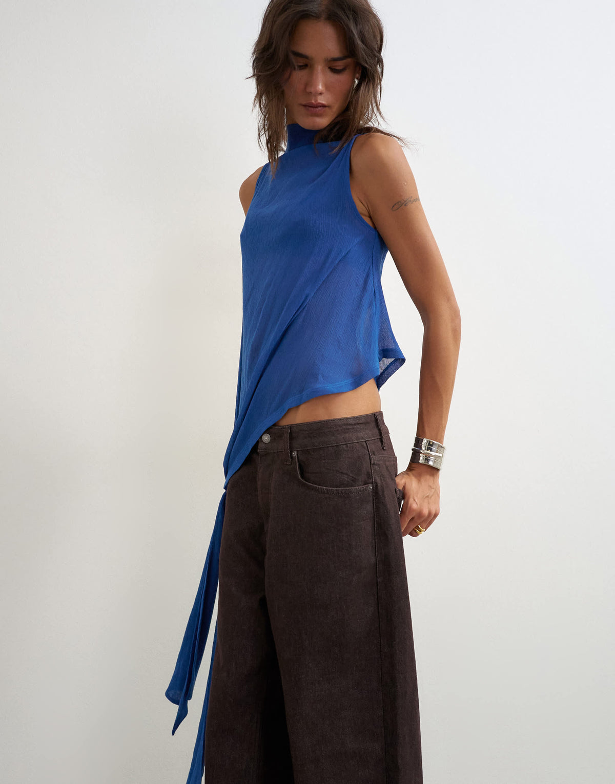 Topshop cowl neck tie knot drape top in colbalt blue