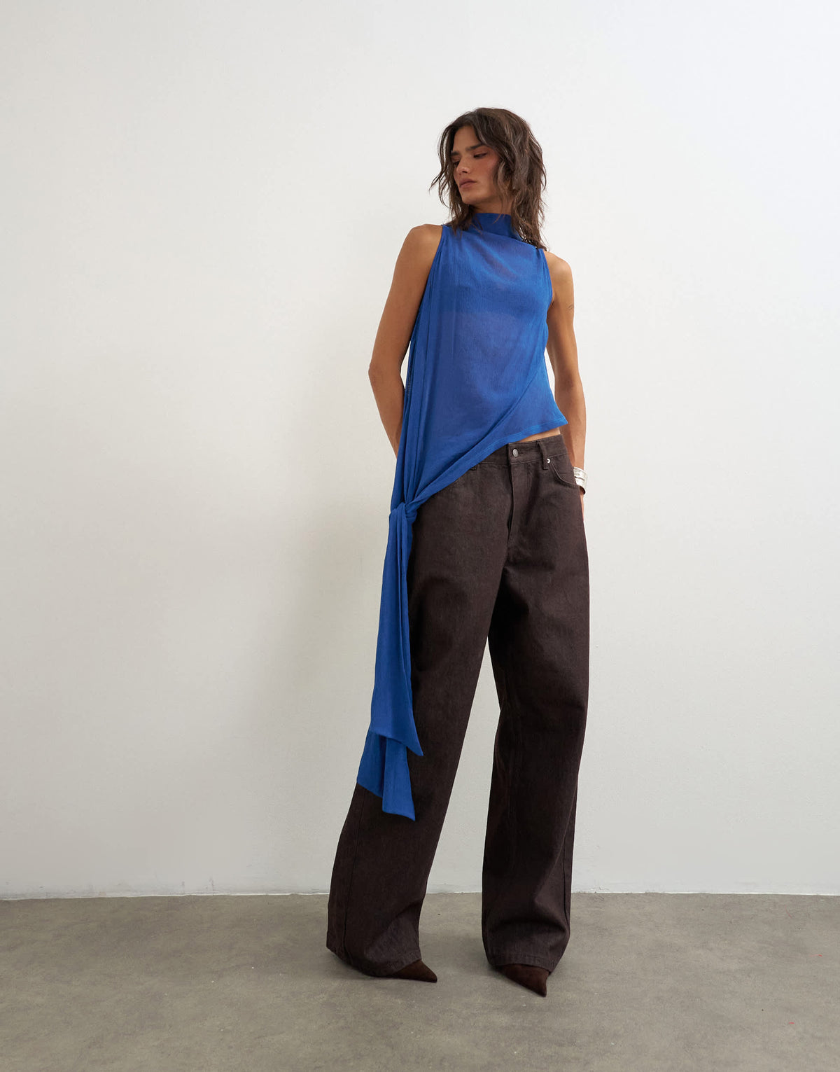 Topshop cowl neck tie knot drape top in colbalt blue