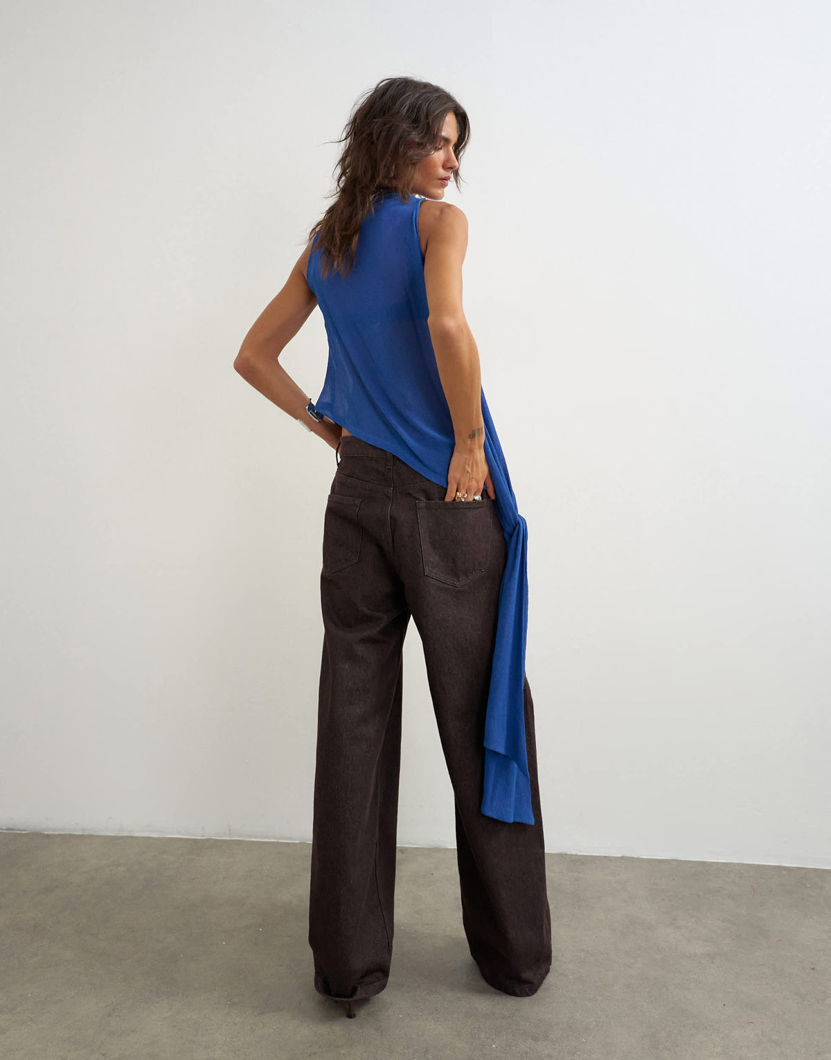 Topshop cowl neck tie knot drape top in colbalt blue