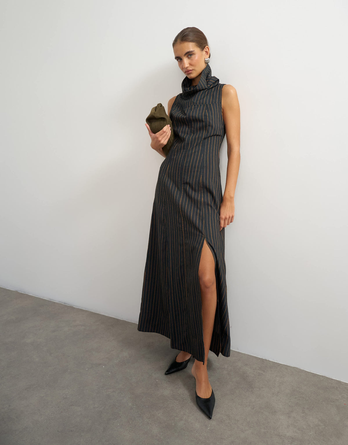 Topshop dropped waist funnel neck maxi dress in rust woven stripe