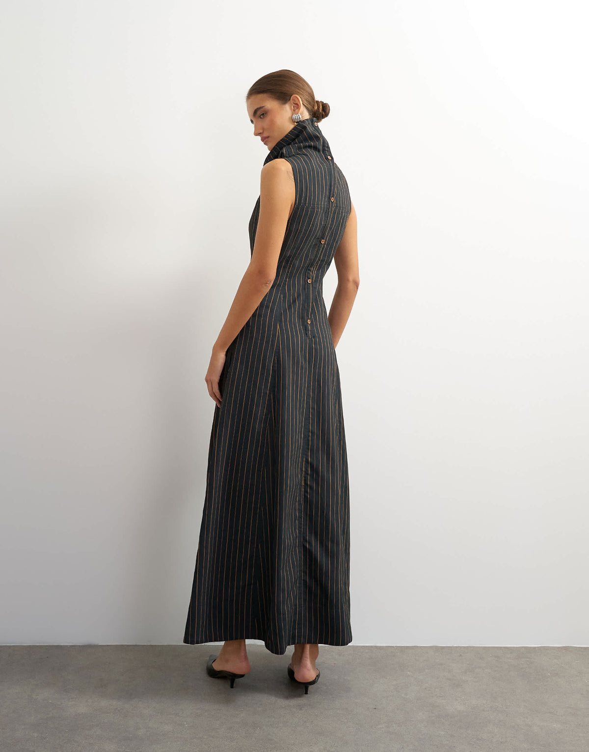 Topshop dropped waist funnel neck maxi dress in rust woven stripe