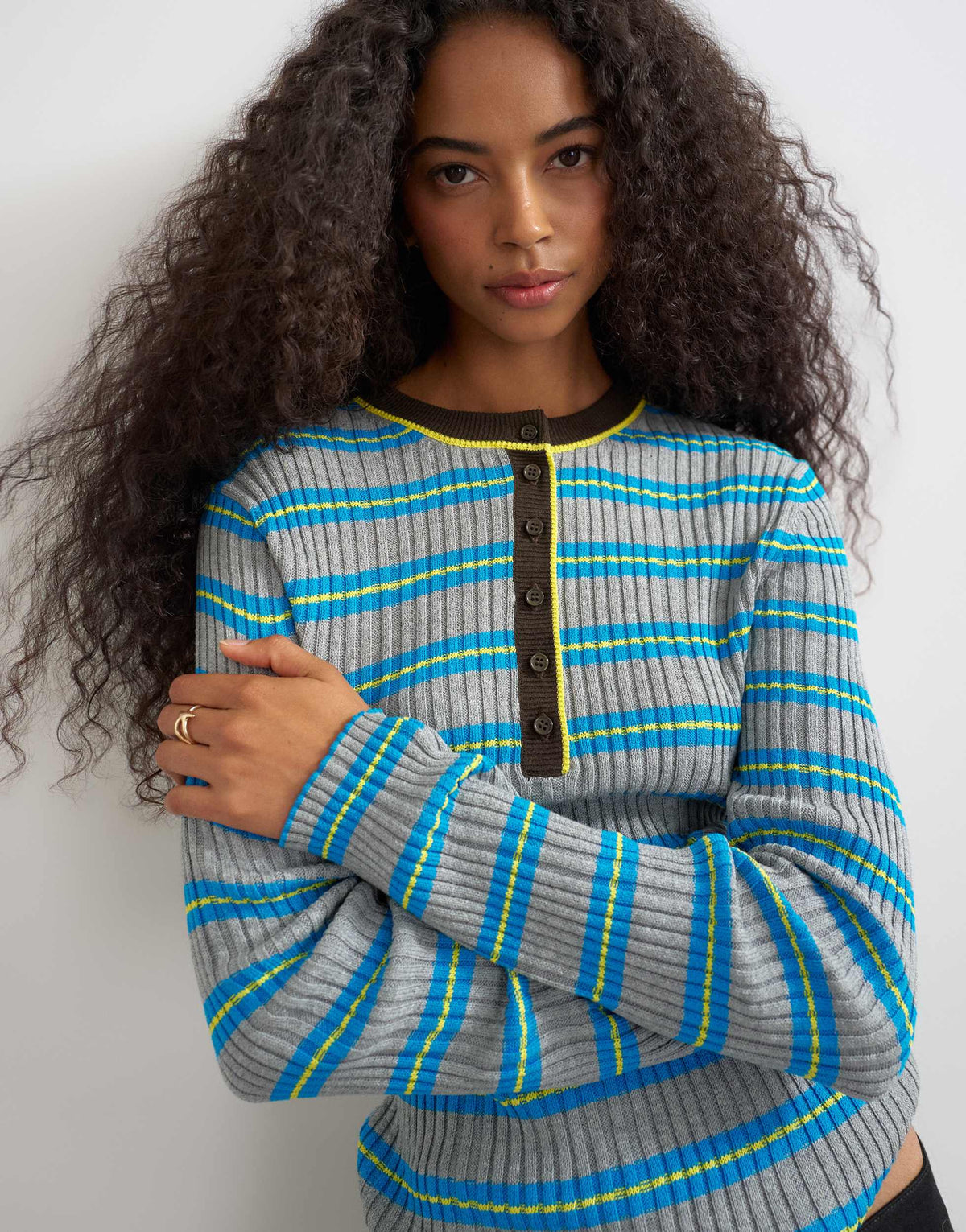 Topshop knitted henley long sleeve stripe top in blue multi