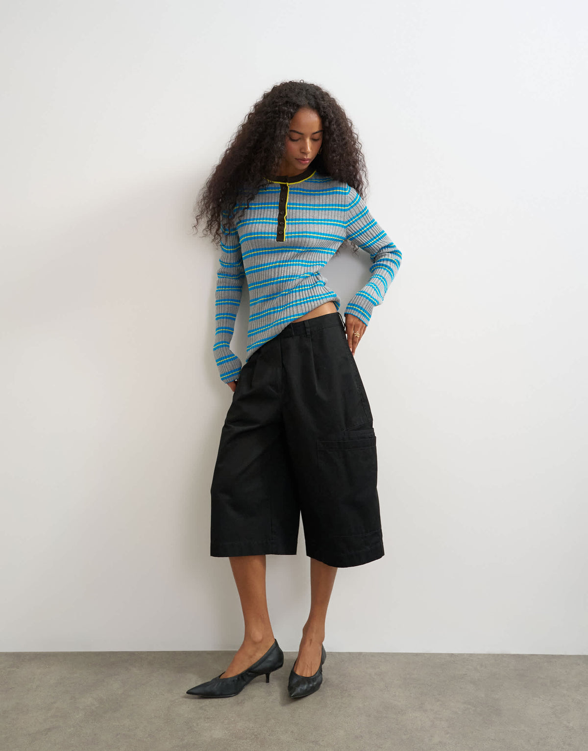 Topshop knitted henley long sleeve stripe top in blue multi