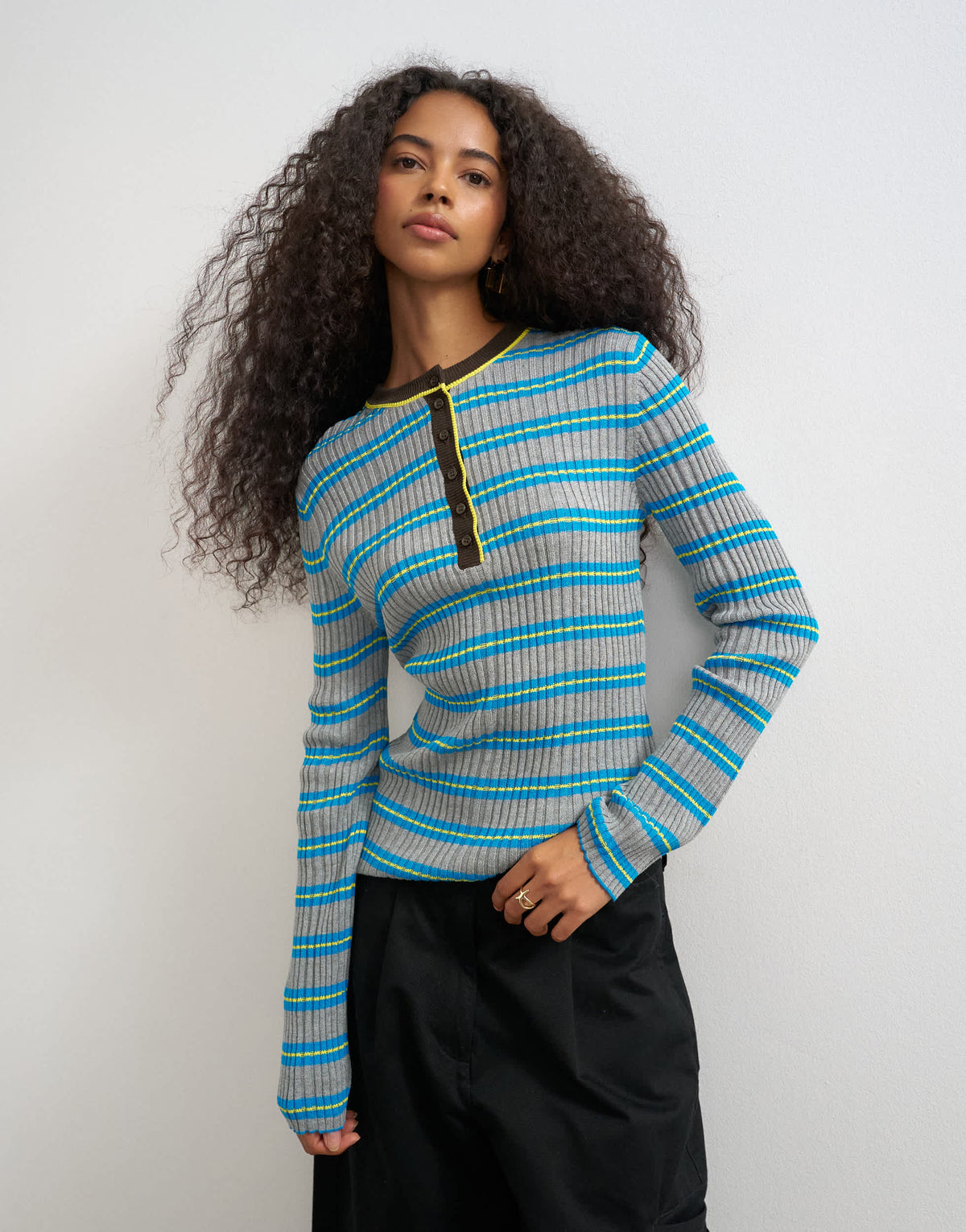 Topshop knitted henley long sleeve stripe top in blue multi