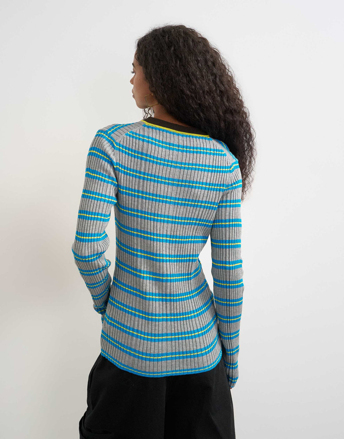 Topshop knitted henley long sleeve stripe top in blue multi
