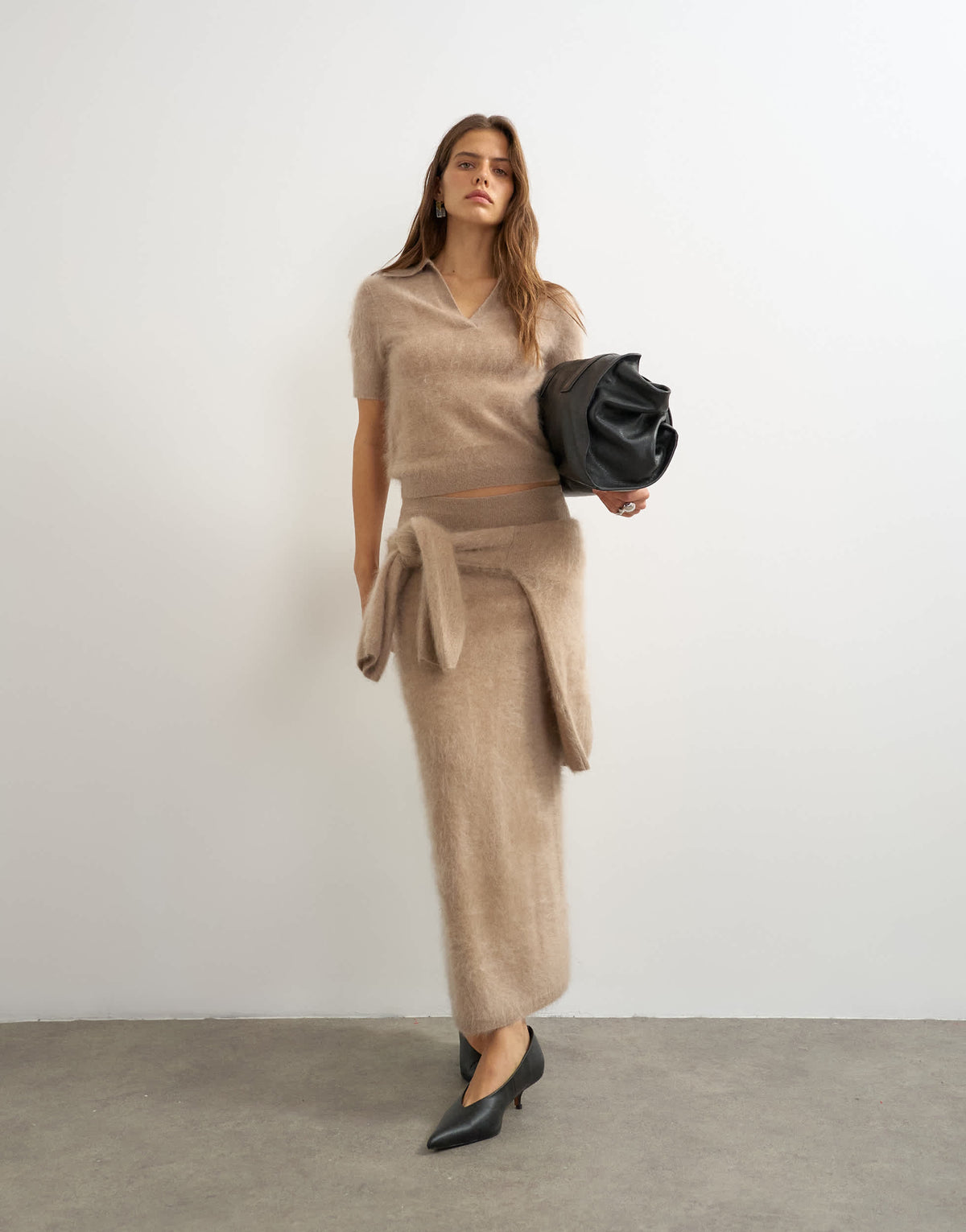 Topshop knitted mix and match brushed pure cashmere premium polo top in neutral