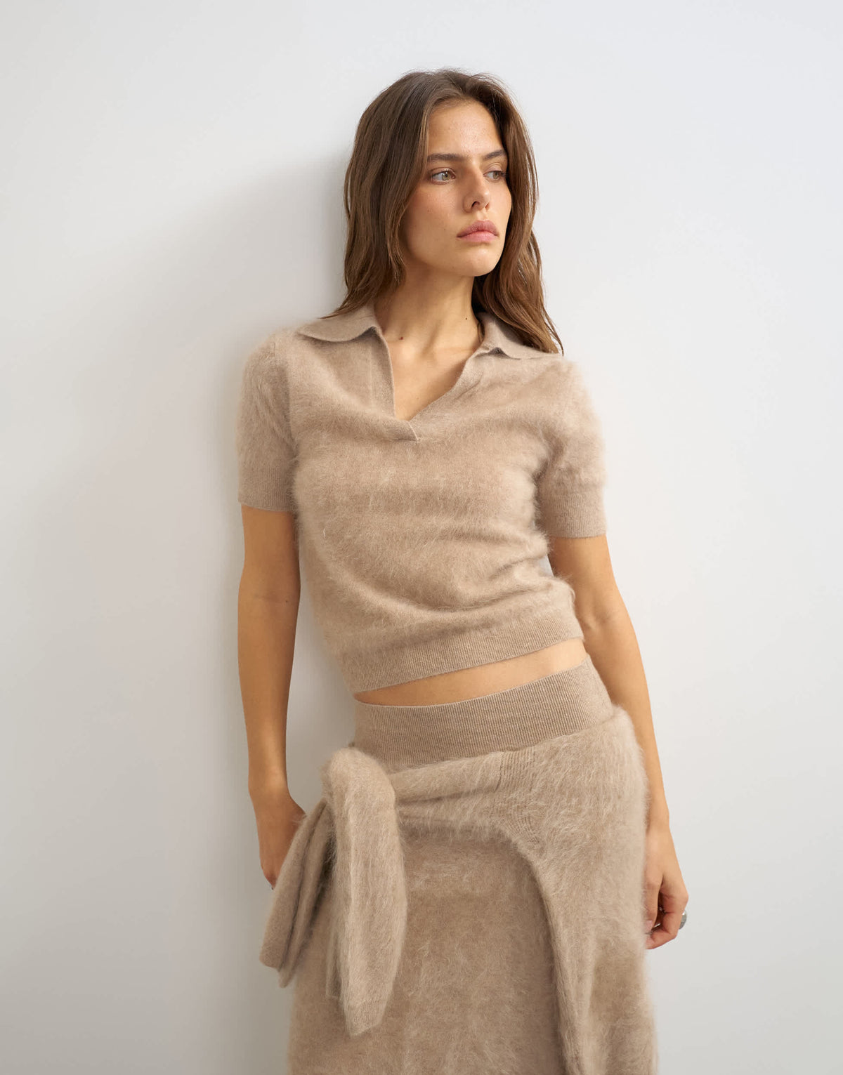 Topshop knitted mix and match brushed pure cashmere premium polo top in neutral