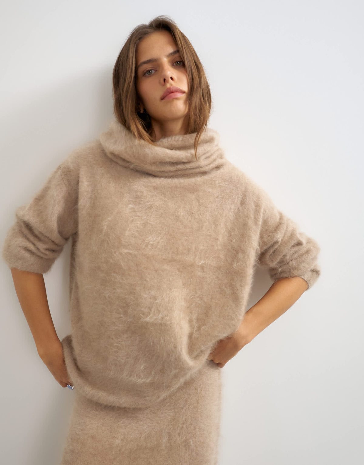 Topshop knitted mix and match brushed pure cashmere premium deep funnel neck jumper in neutral