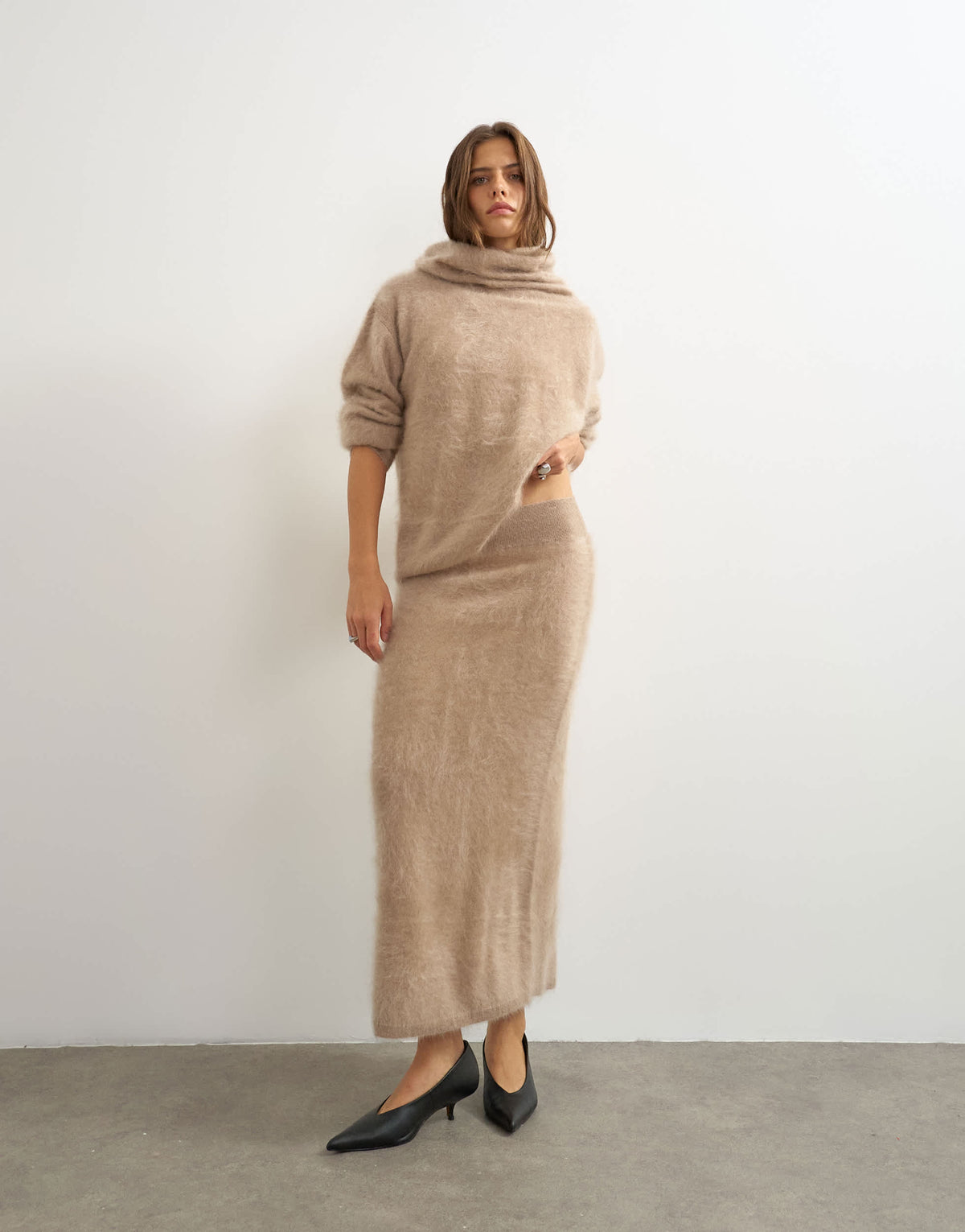 Topshop knitted mix and match brushed pure cashmere premium deep funnel neck jumper in neutral
