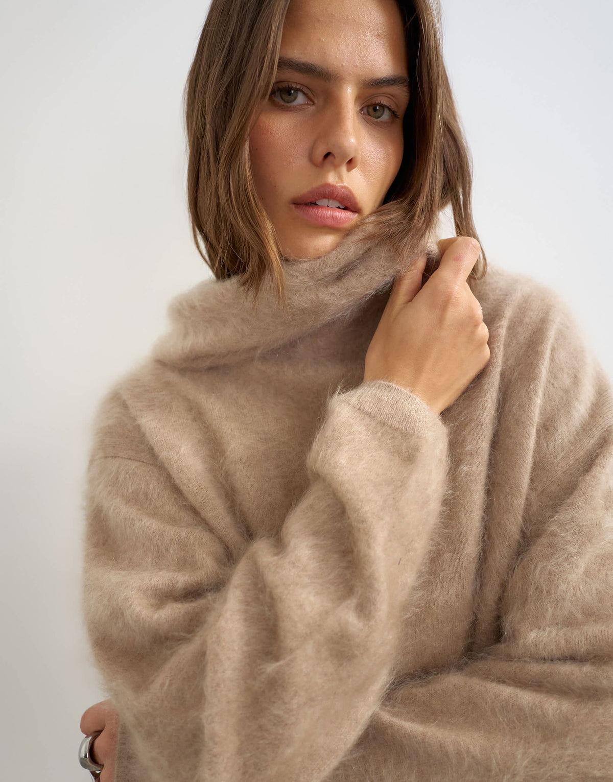 Topshop knitted mix and match brushed pure cashmere premium deep funnel neck jumper in neutral