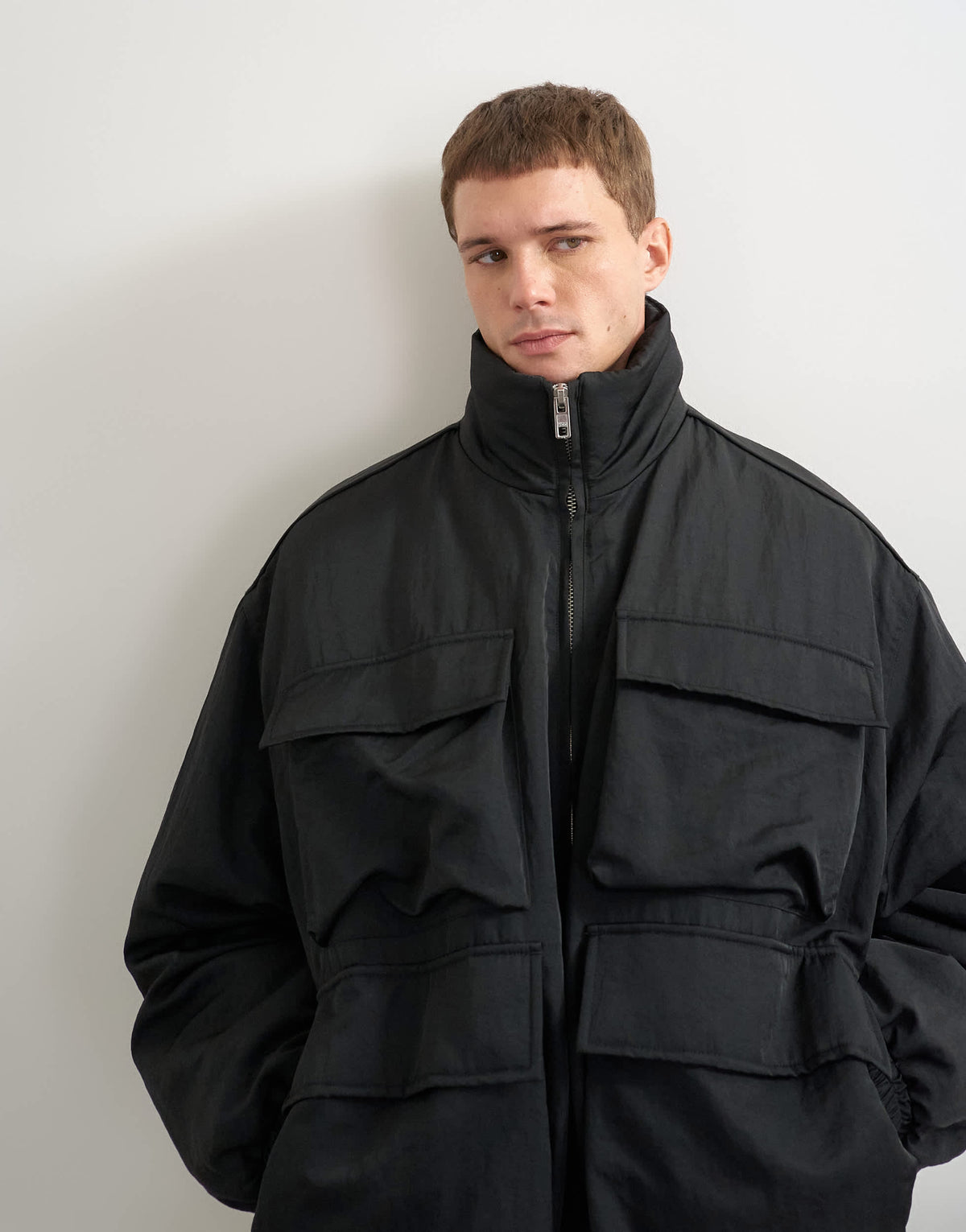 Topman oversized fit nylon funnel neck bomber jacket in black