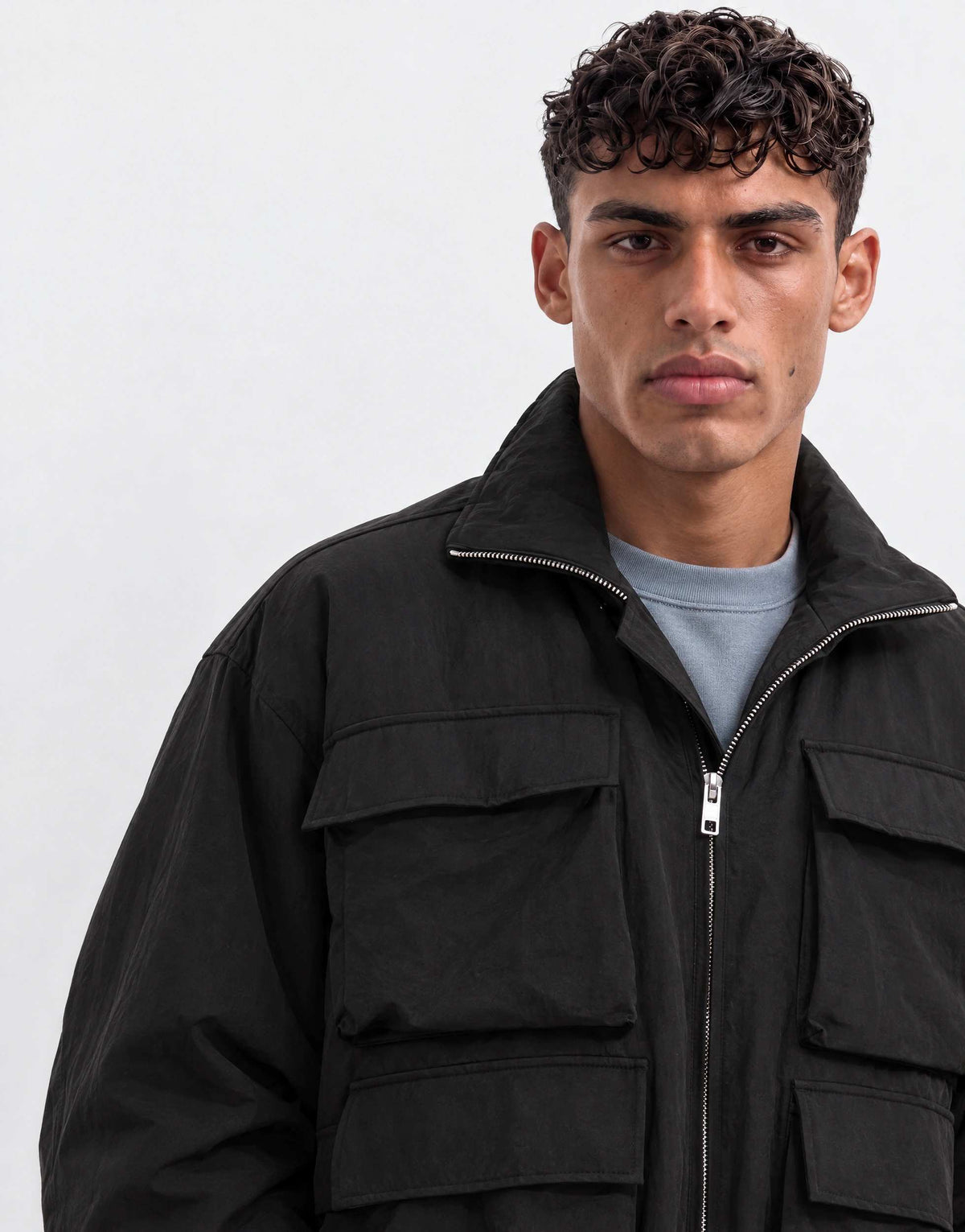 Topman oversized fit nylon funnel neck bomber jacket in black