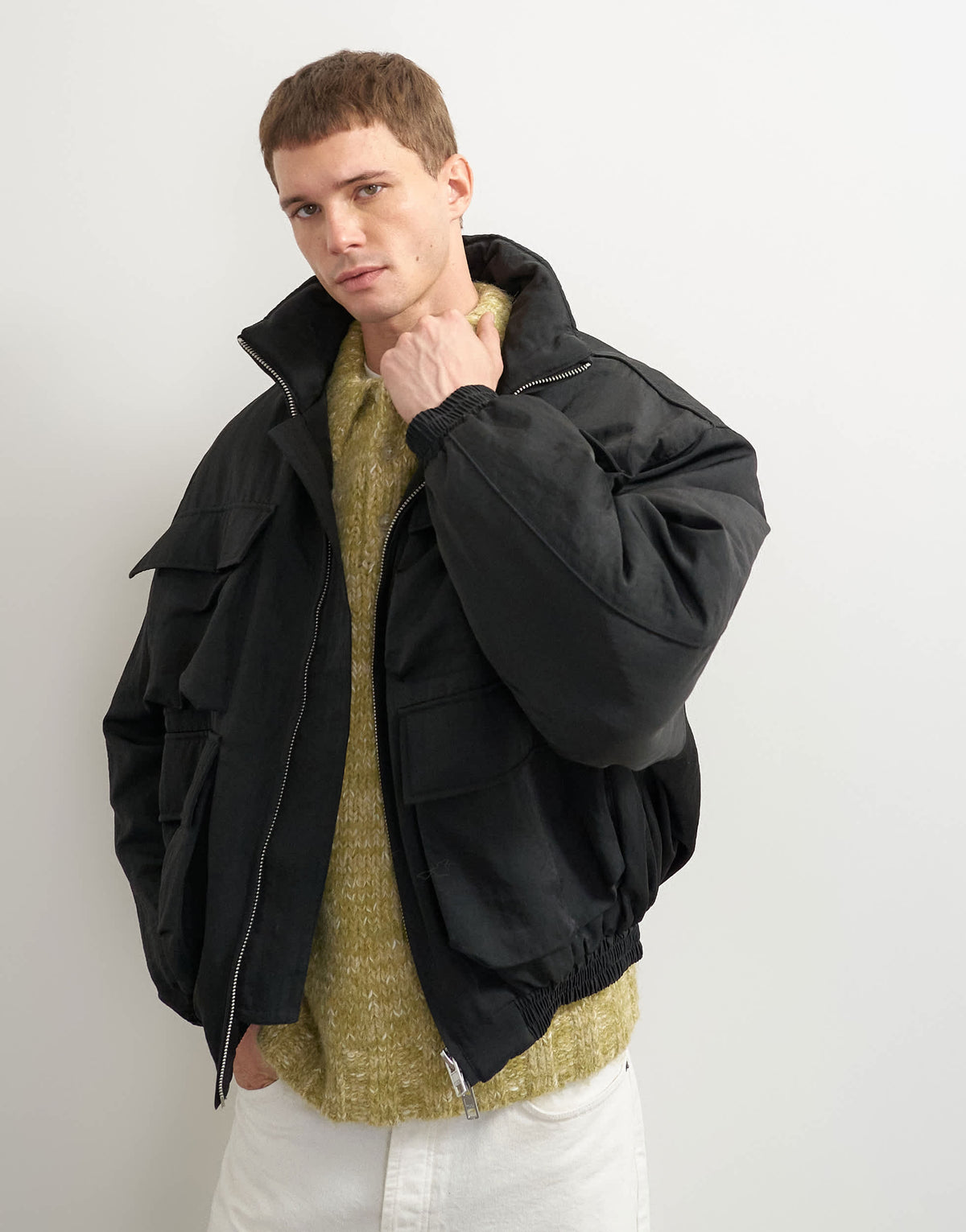 Topman oversized fit nylon funnel neck bomber jacket in black