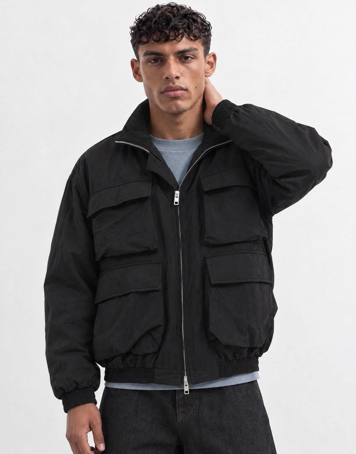 Topman oversized fit nylon funnel neck bomber jacket in black