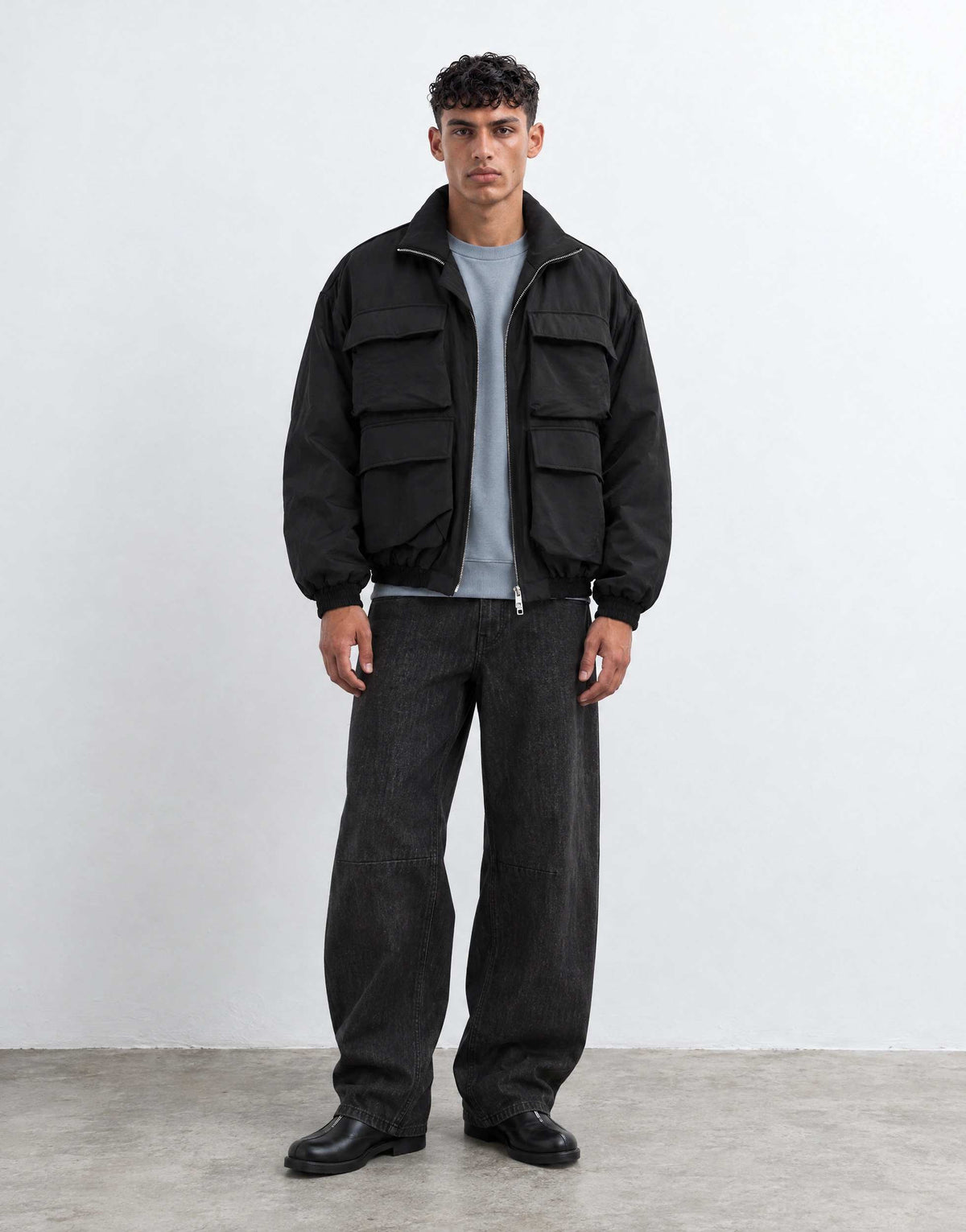 Topman oversized fit nylon funnel neck bomber jacket in black