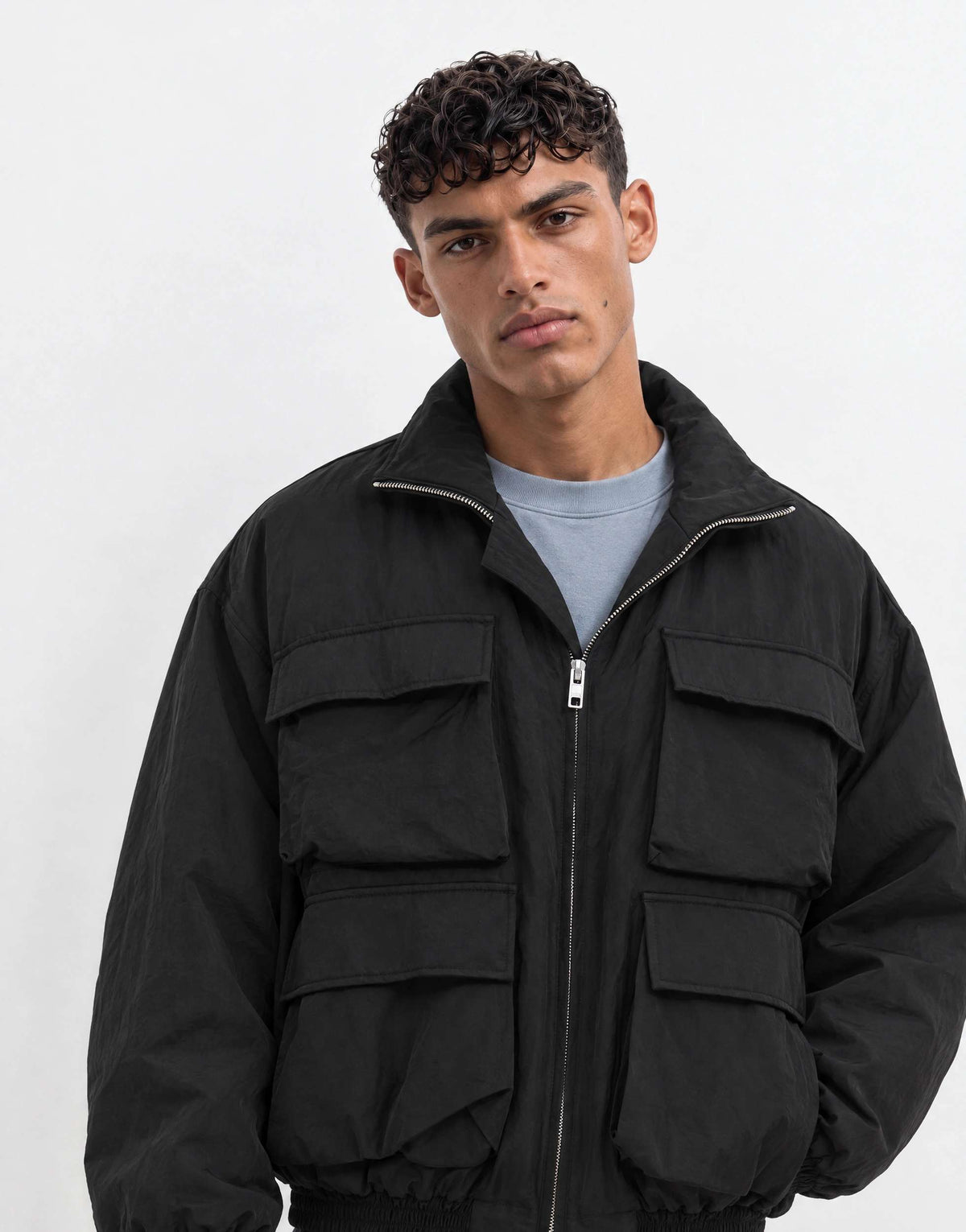 Topman oversized fit nylon funnel neck bomber jacket in black