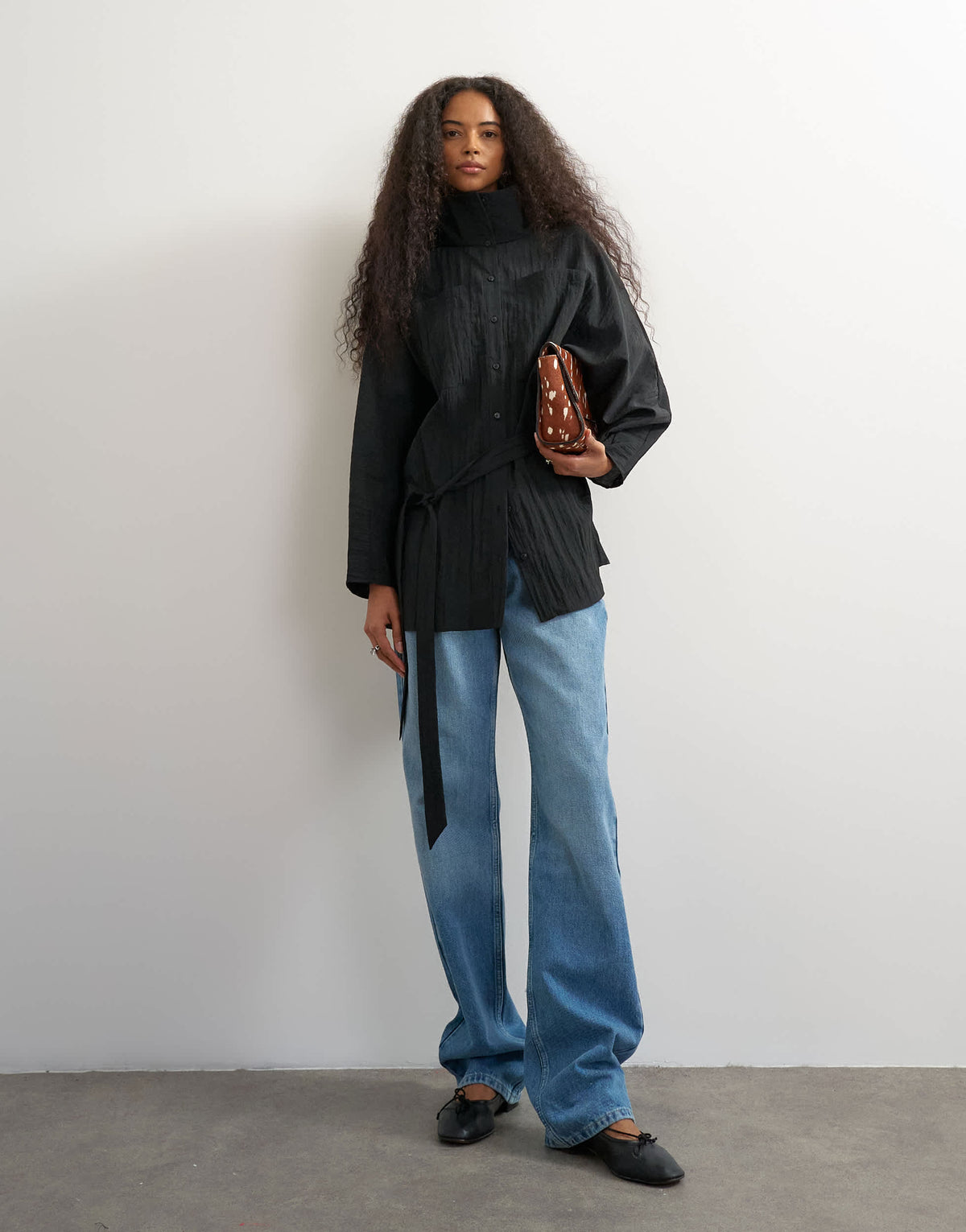Topshop tie waist funnel neck tunic top in black