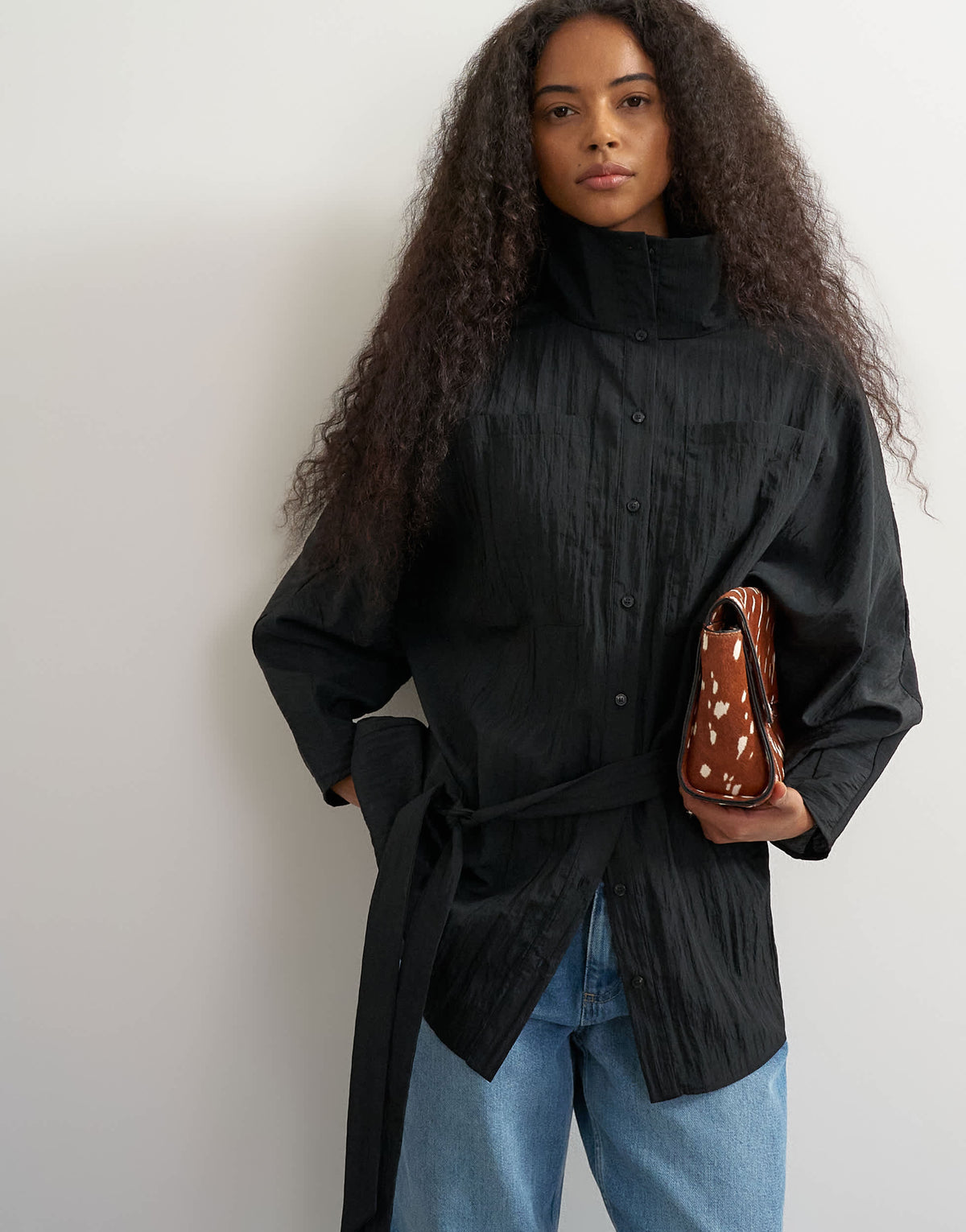 Topshop tie waist funnel neck tunic top in black
