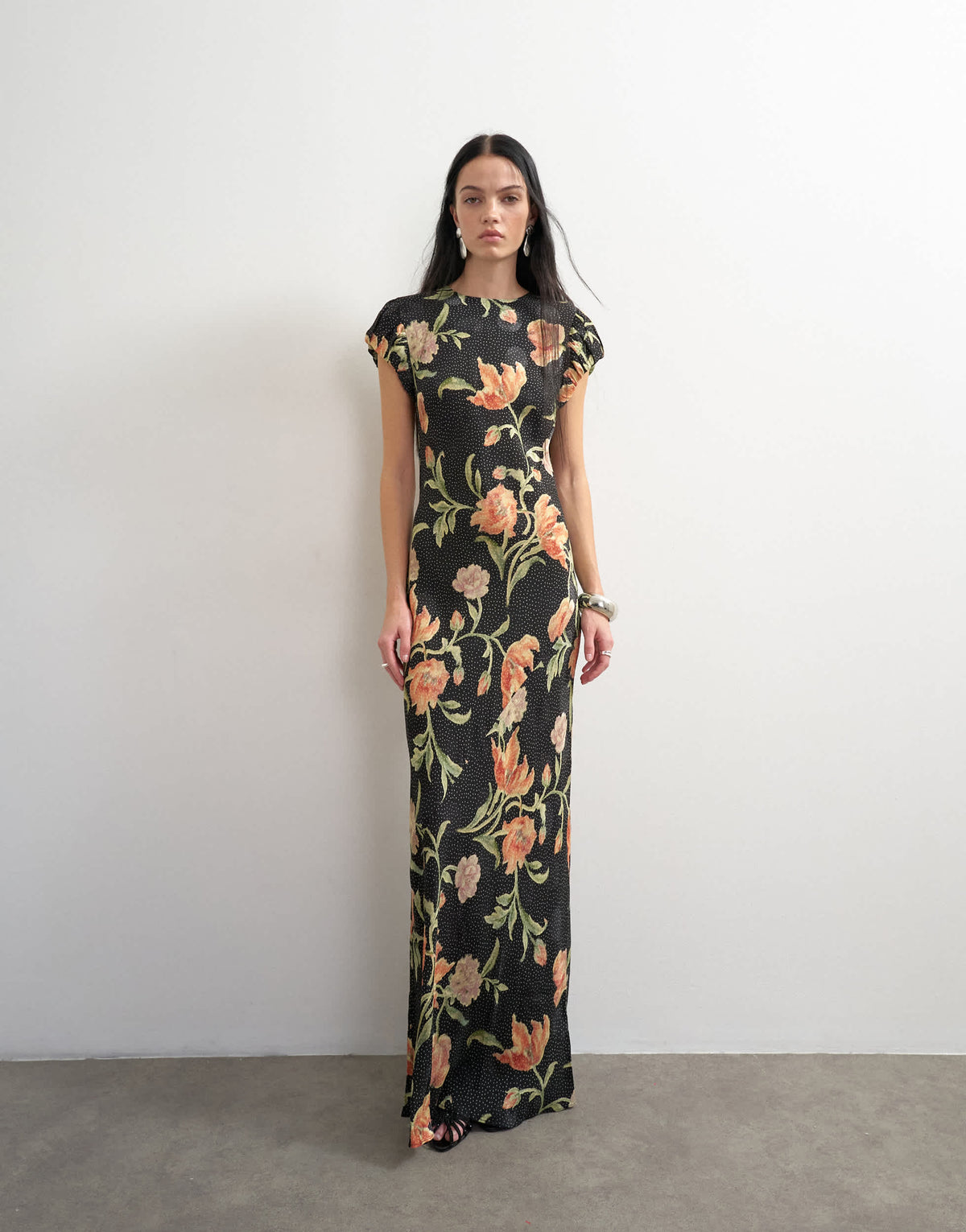 Topshop satin spot jacquard maxi dress with puff sleeve in black based floral