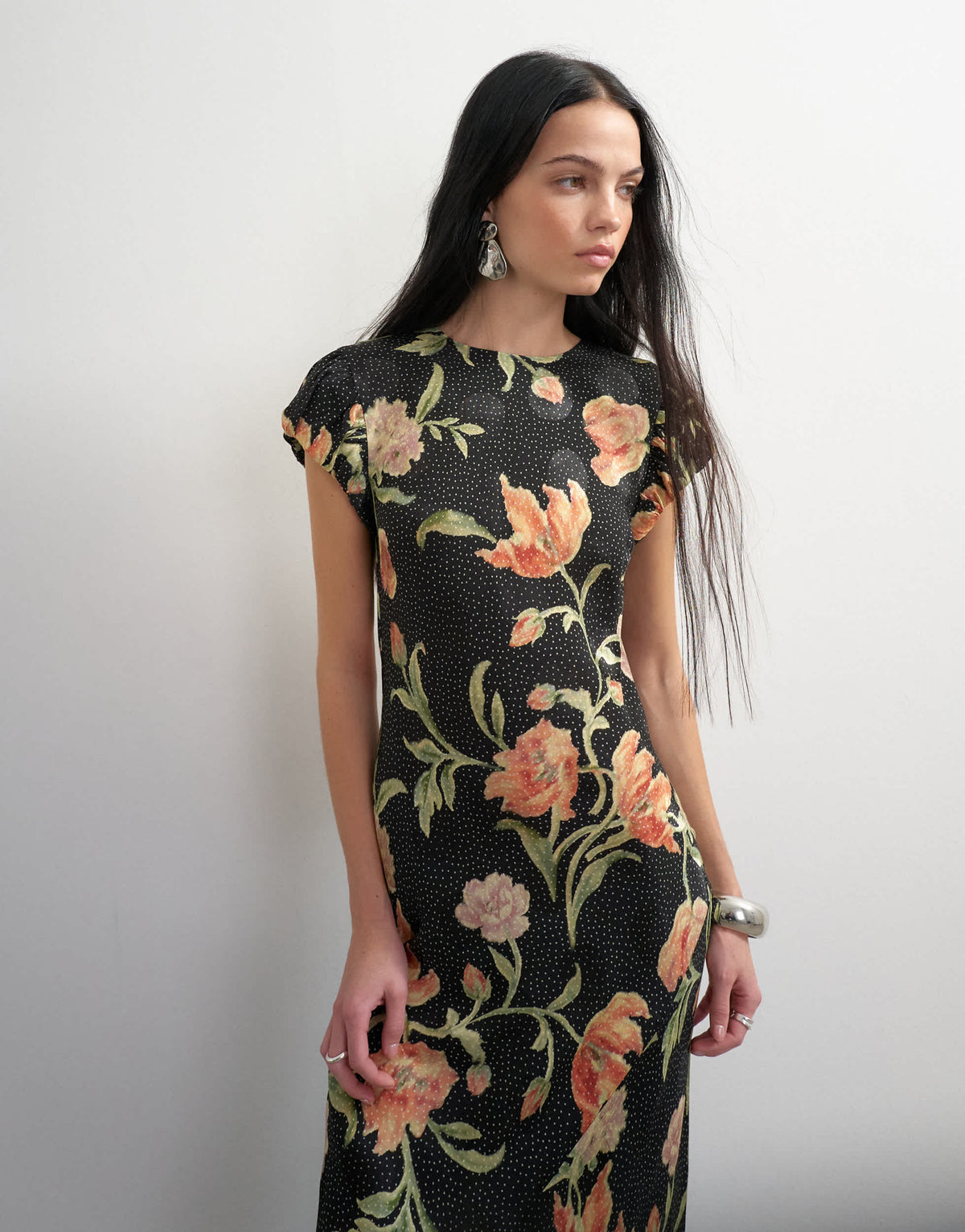 Topshop satin spot jacquard maxi dress with puff sleeve in black based floral