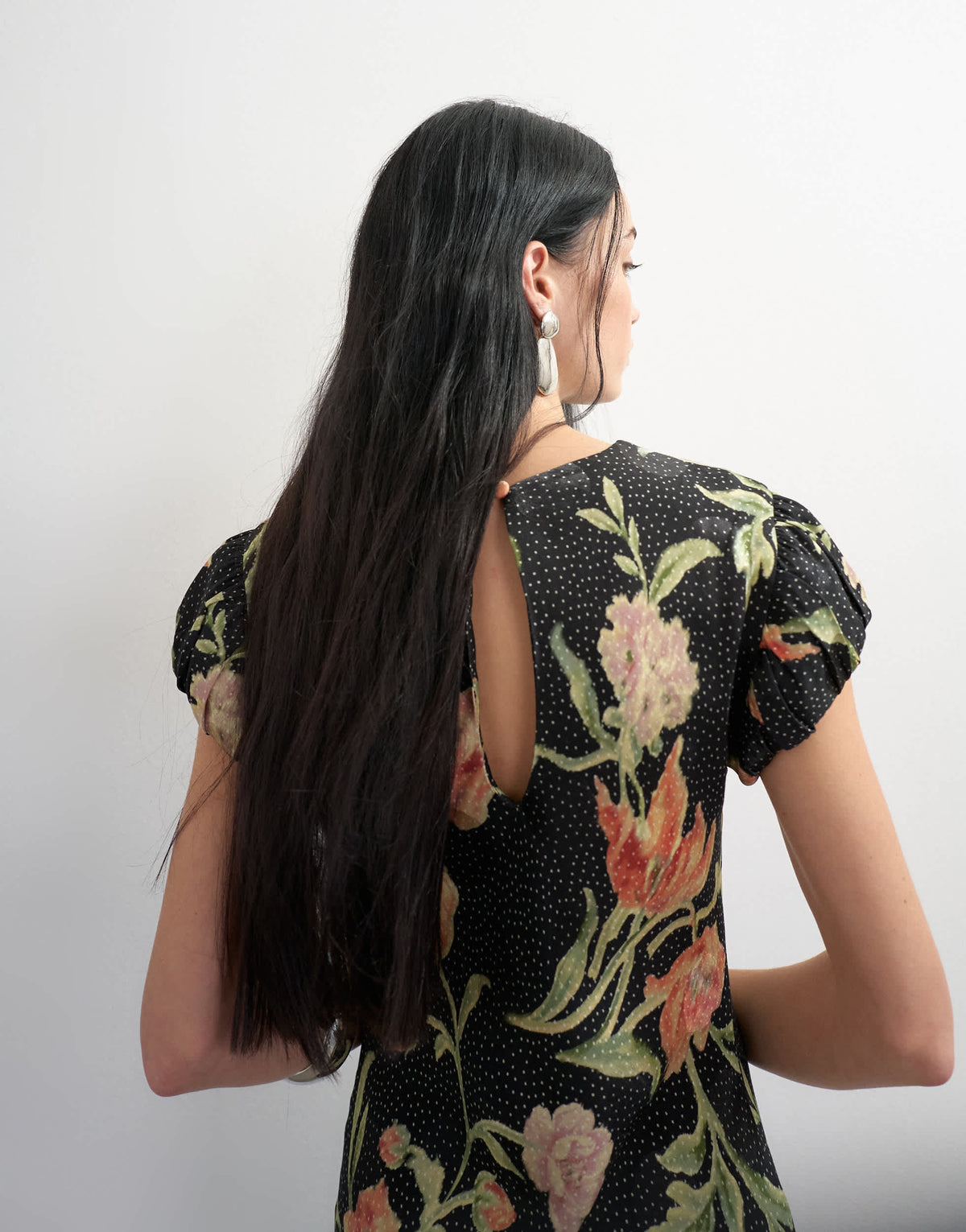 Topshop satin spot jacquard maxi dress with puff sleeve in black based floral