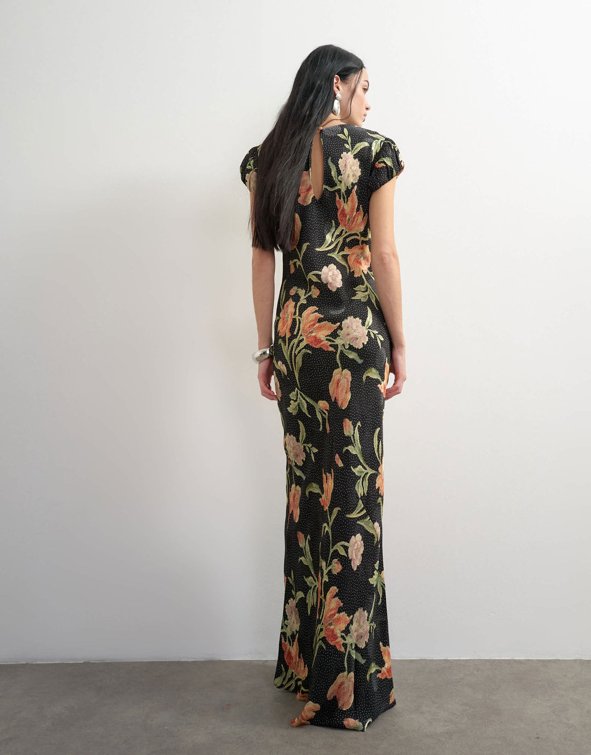 Topshop satin spot jacquard maxi dress with puff sleeve in black based floral