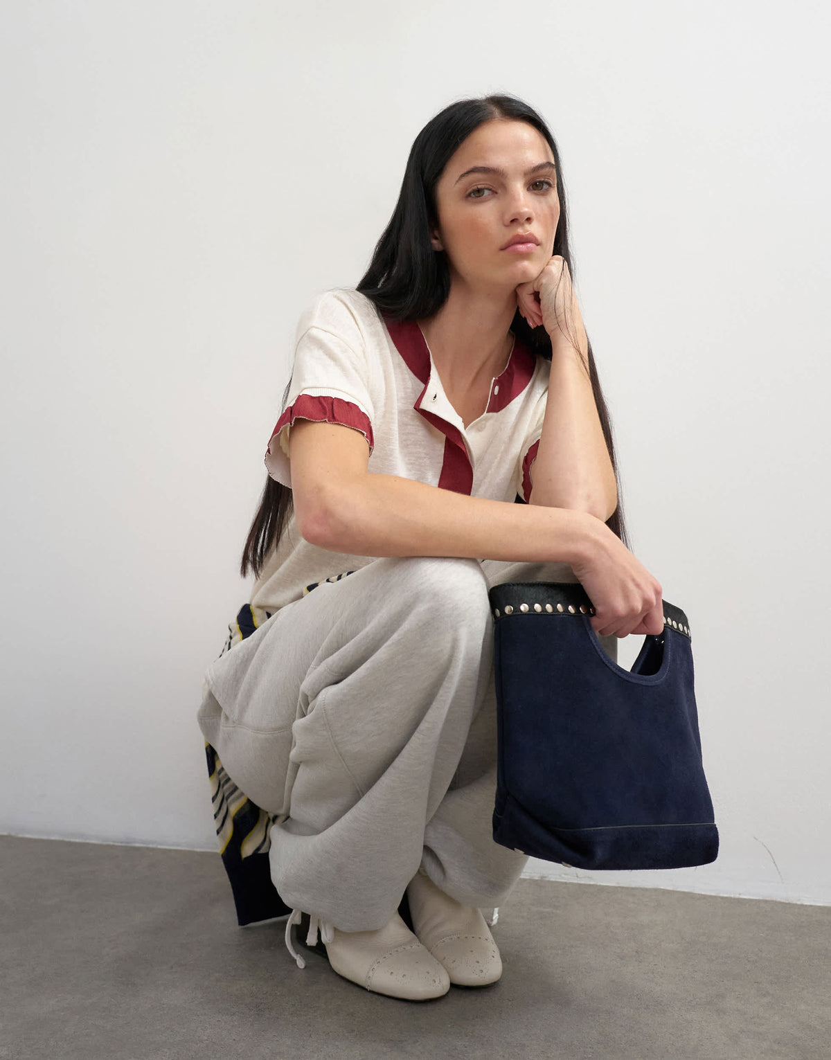 Topshop x Talia Byre premium real suede studded grab bag in navy